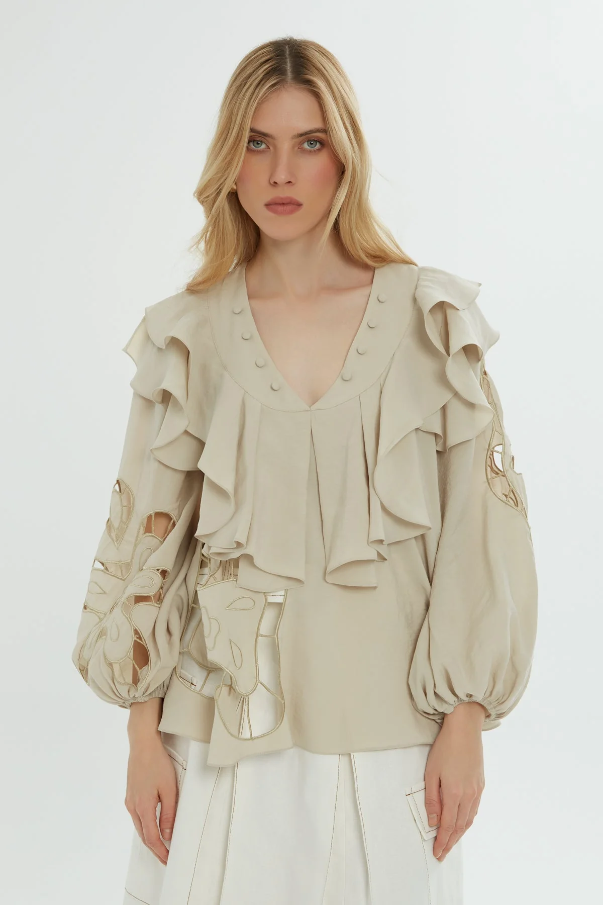 Beige Ruffle Embroidered Blouse - Image 4