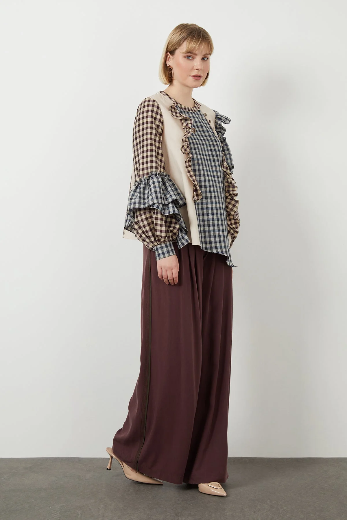 Beige Ruffled Checkered Asymmetric Blouse - Image 2