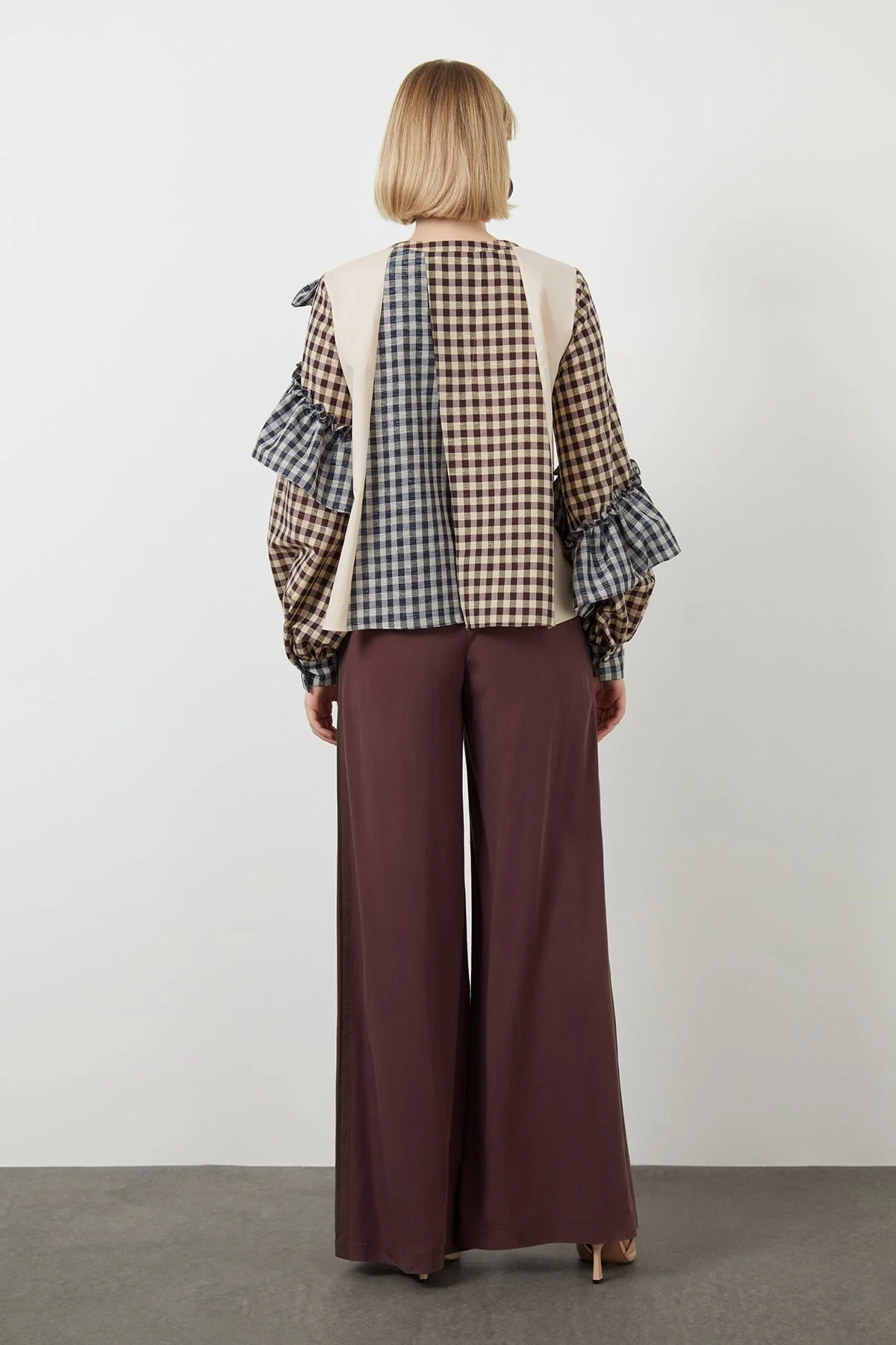 Beige Ruffled Checkered Asymmetric Blouse - Image 3