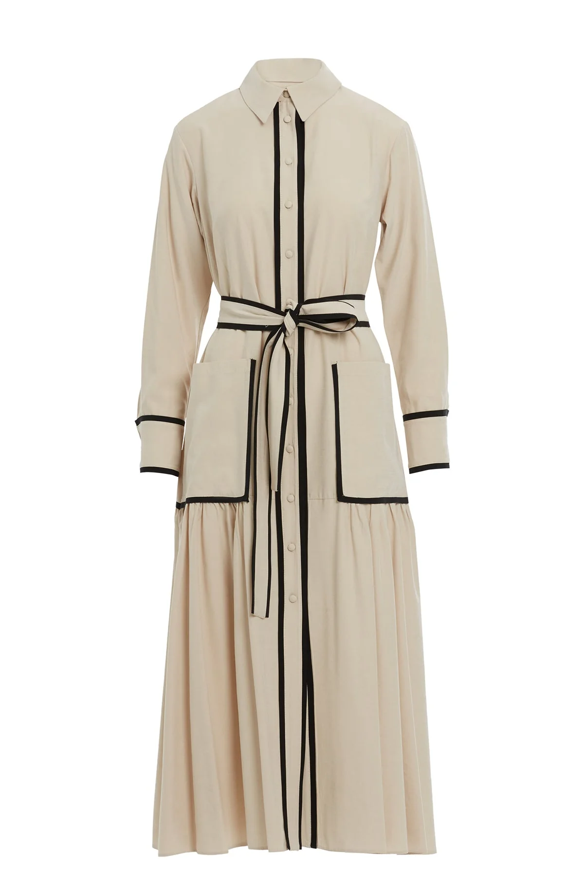Beige Sash-Detail Midi Dress