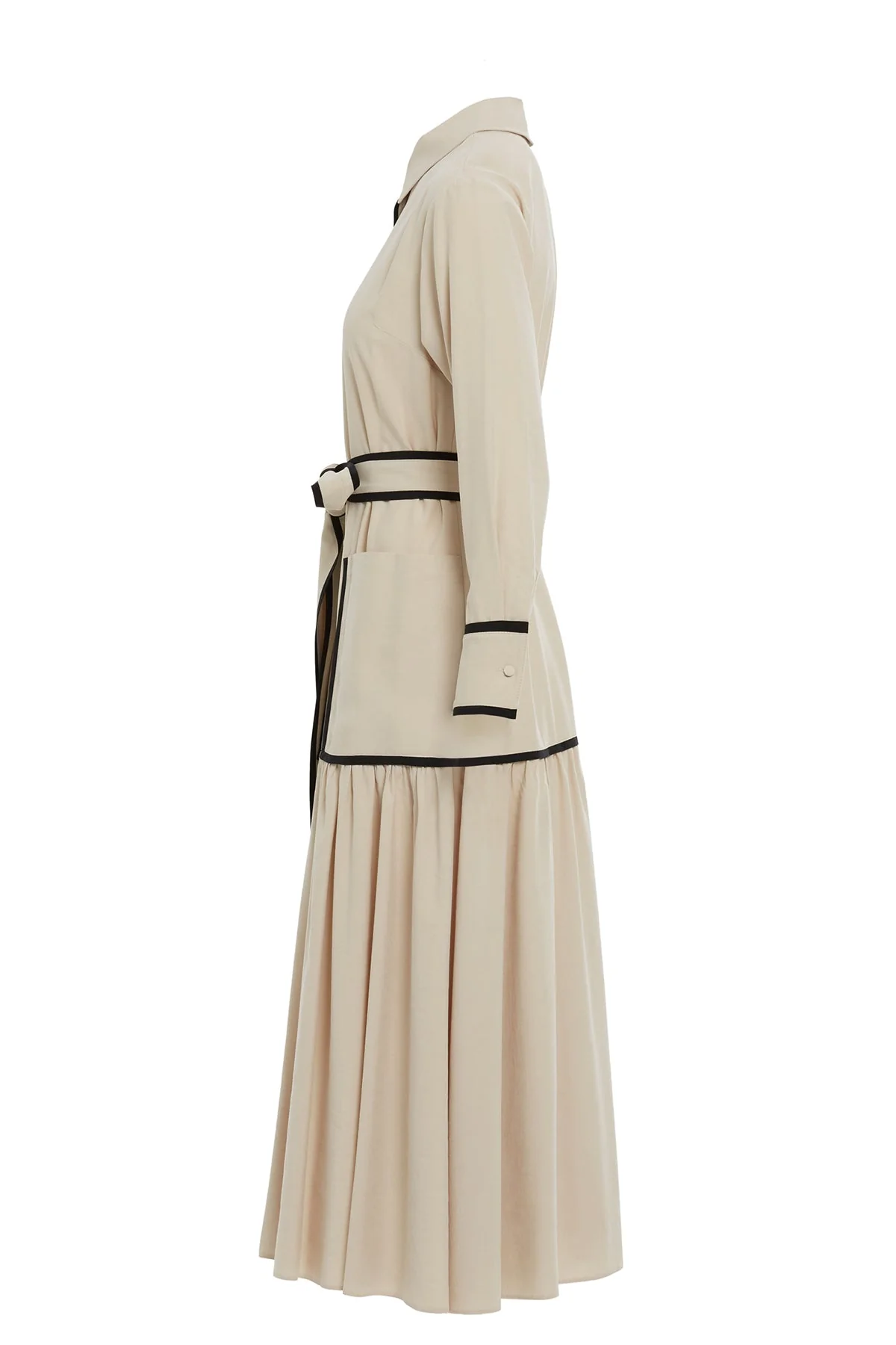 Beige Sash-Detail Pocketed Midi Dress - Image 2