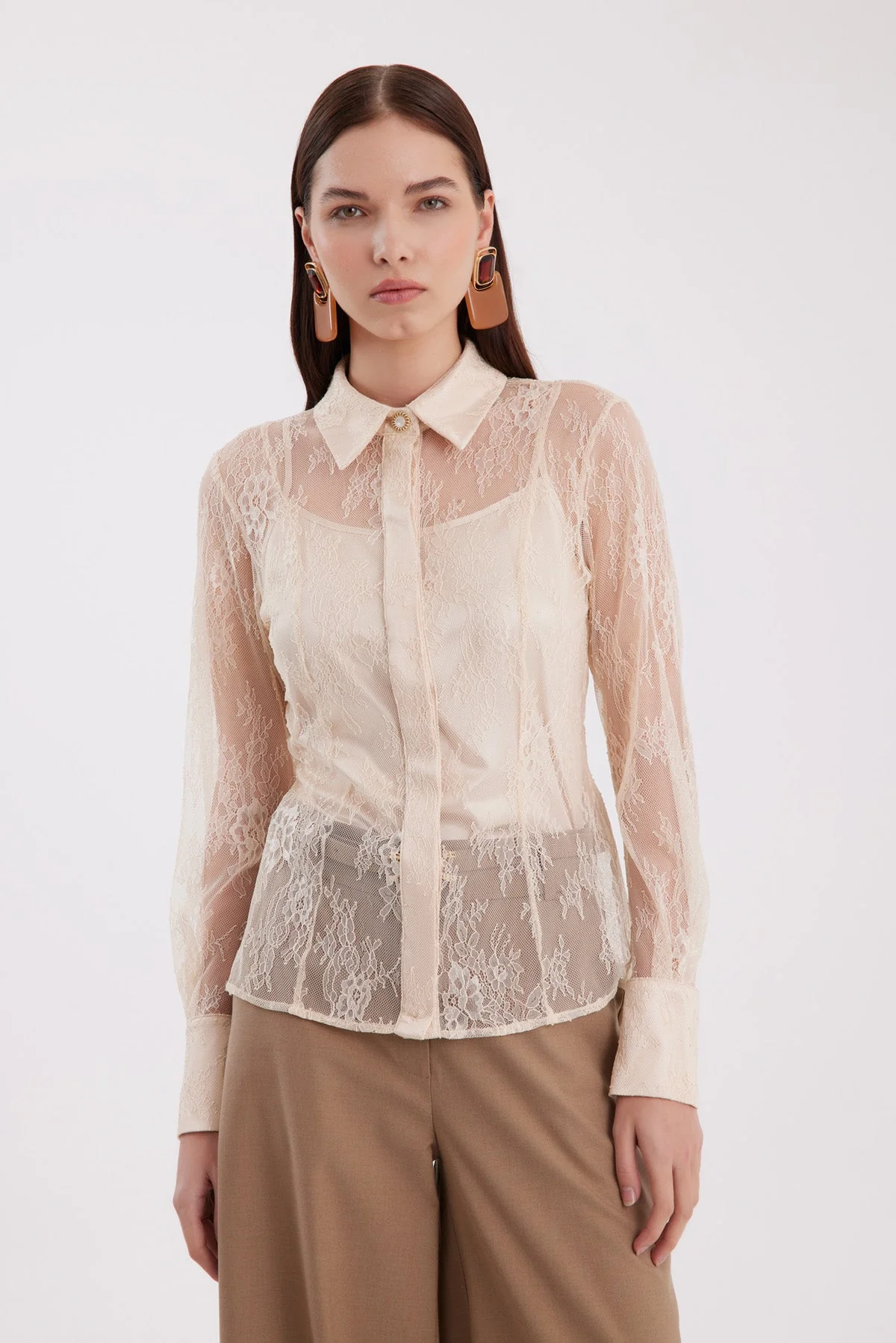 Beige Sheer Lace Shirt - Image 2