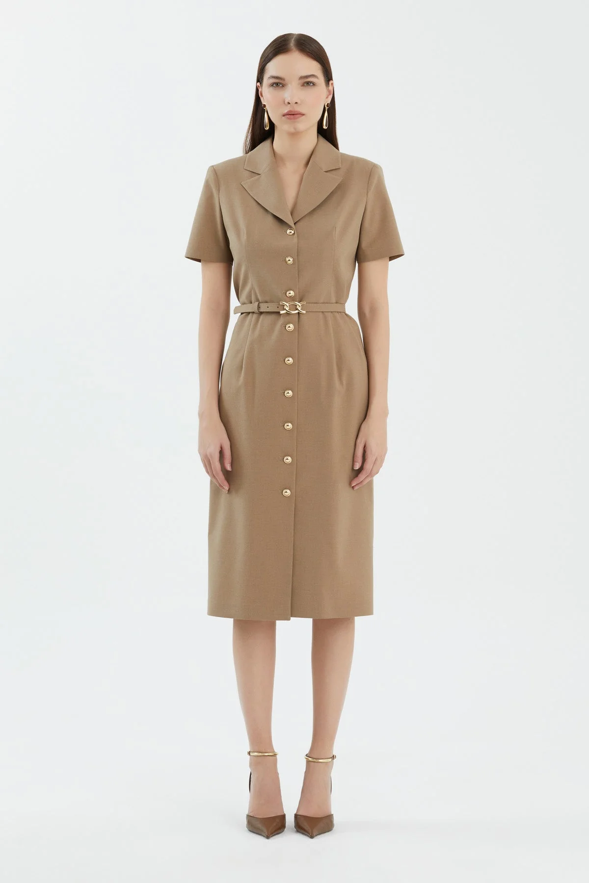 Beige Short Sleeve Belted Midi Dress