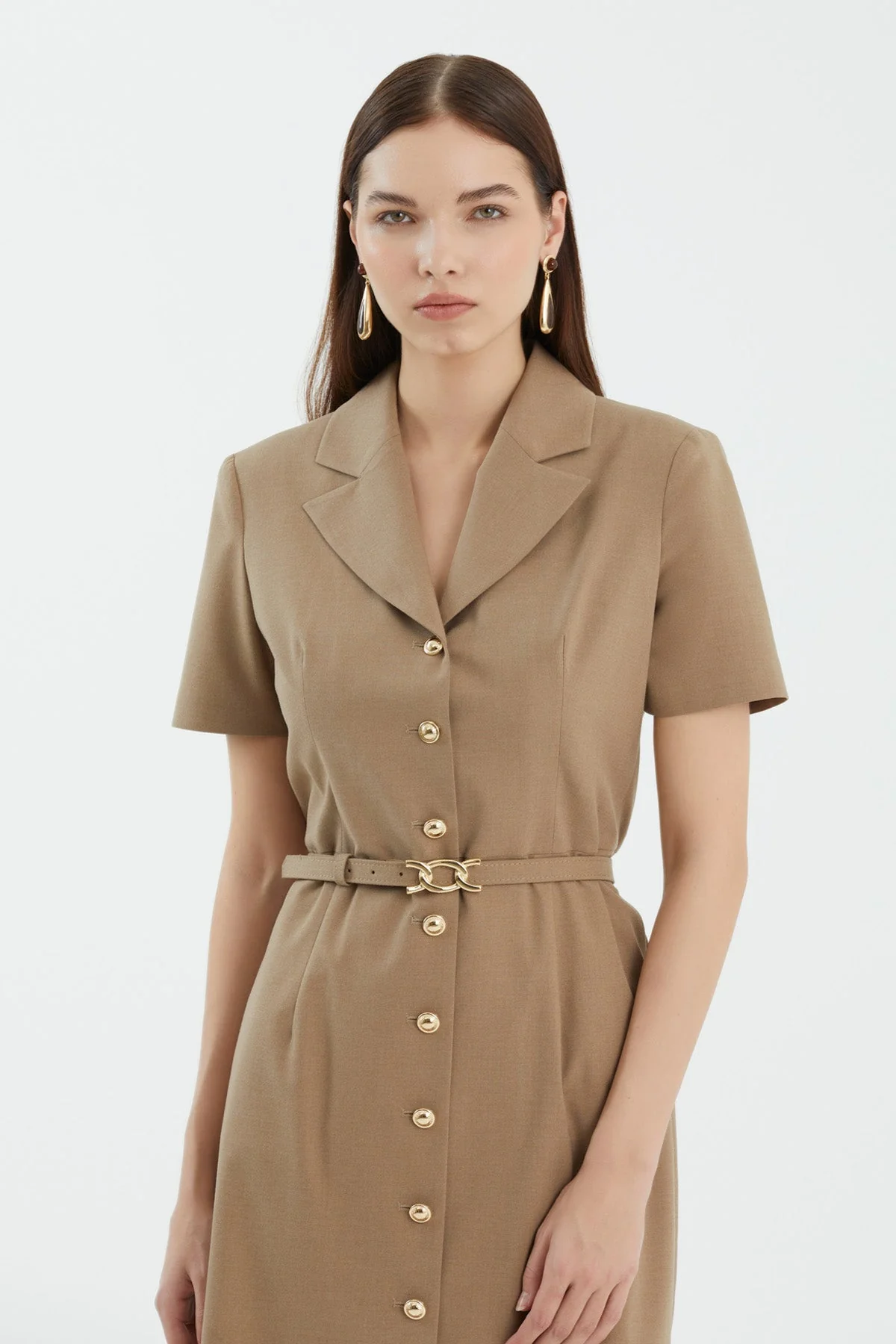 Beige Short Sleeve Belted Midi Dress - Image 2