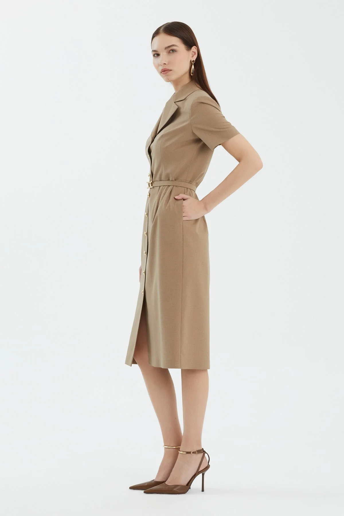 Beige Short Sleeve Belted Midi Dress - Image 3