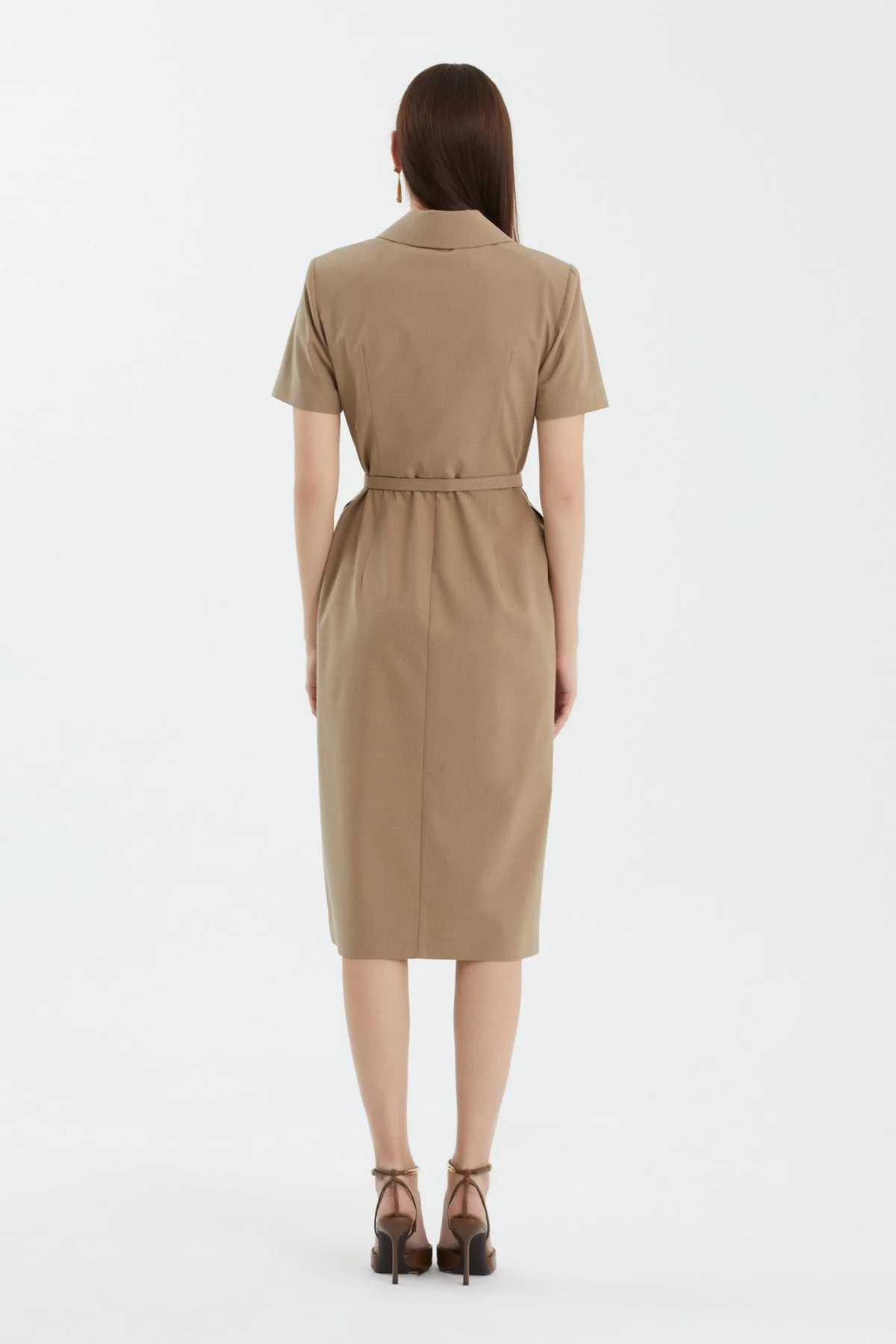 Beige Short Sleeve Belted Midi Dress - Image 4