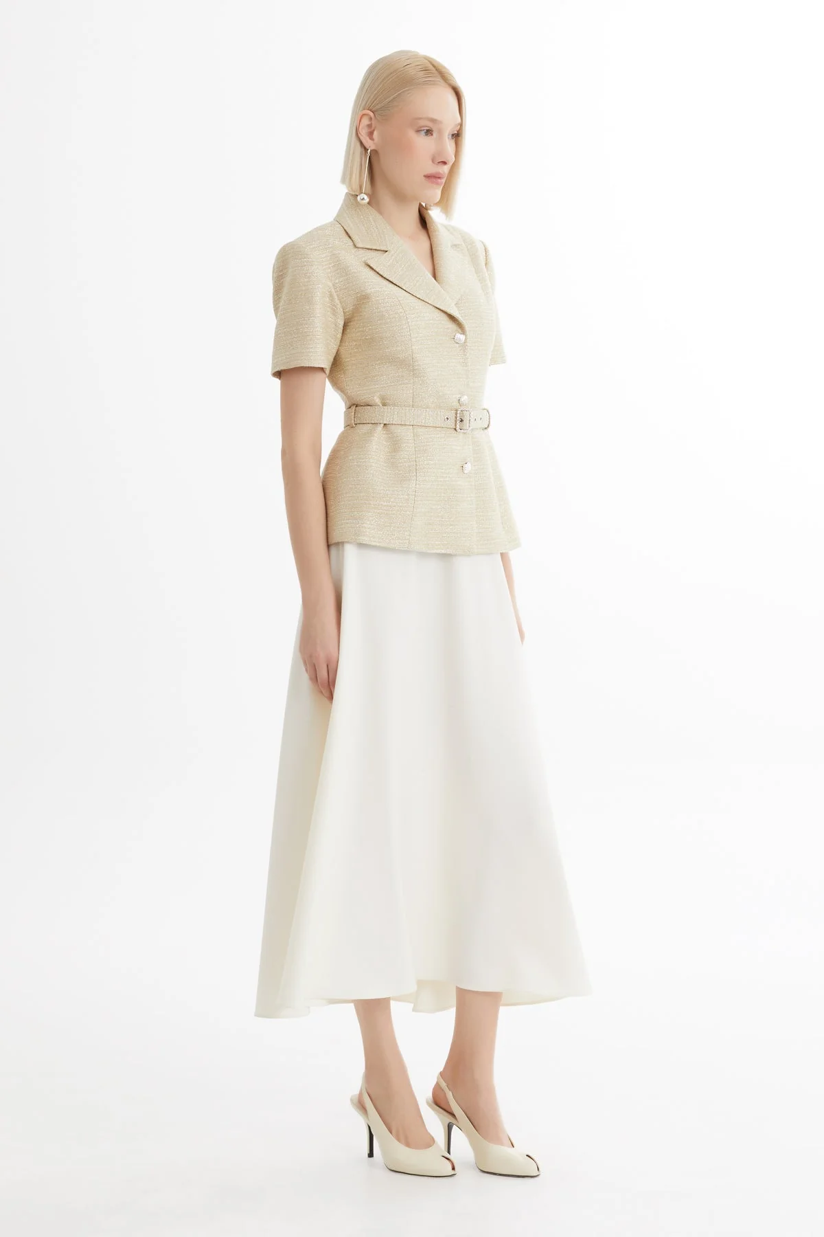 Beige Short-Sleeve Blazer Ruffle Skirt Set - Image 3
