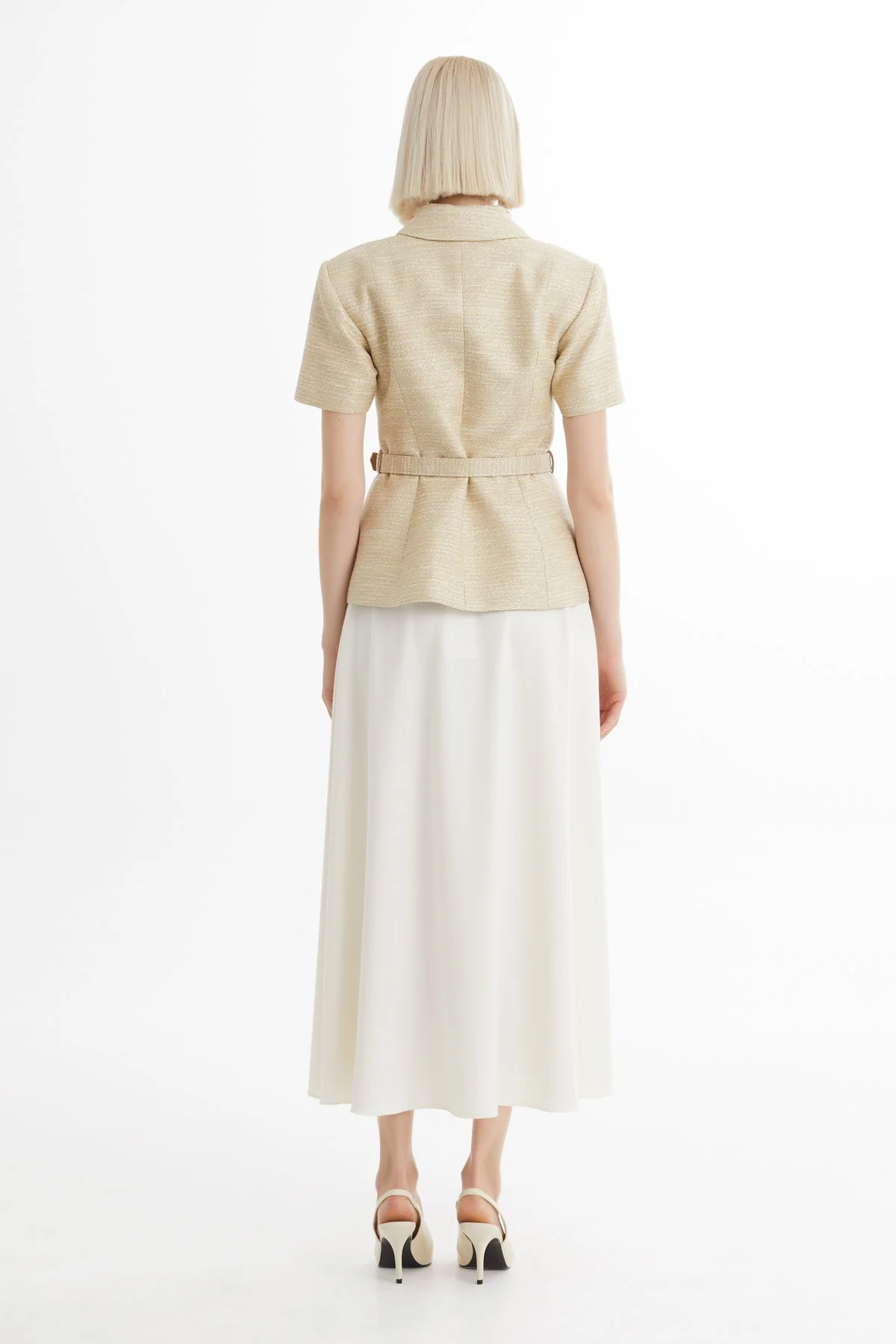 Beige Short-Sleeve Blazer Ruffle Skirt Set - Image 4