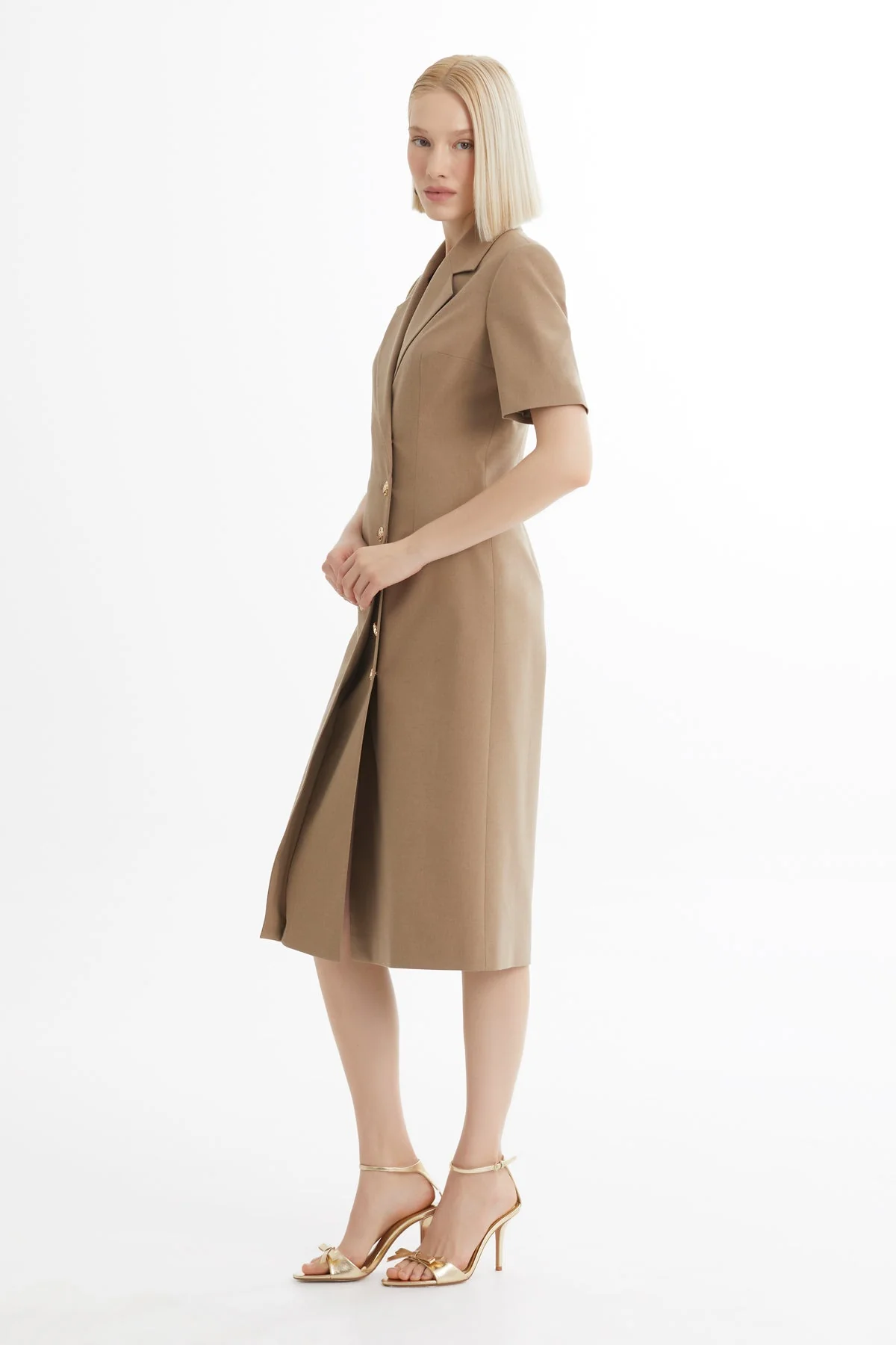 Beige Short-Sleeve Midi Dress - Image 3