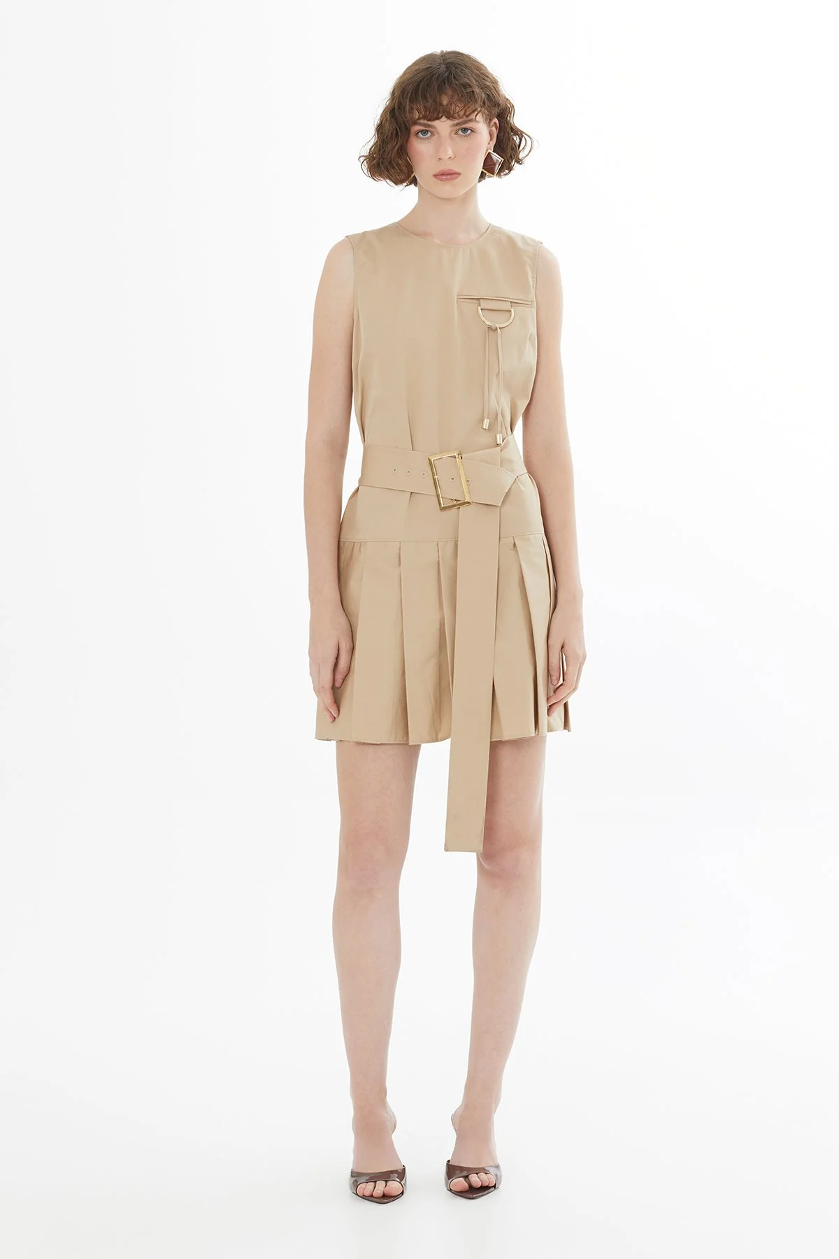 Beige Sleeveless Pleated Dress
