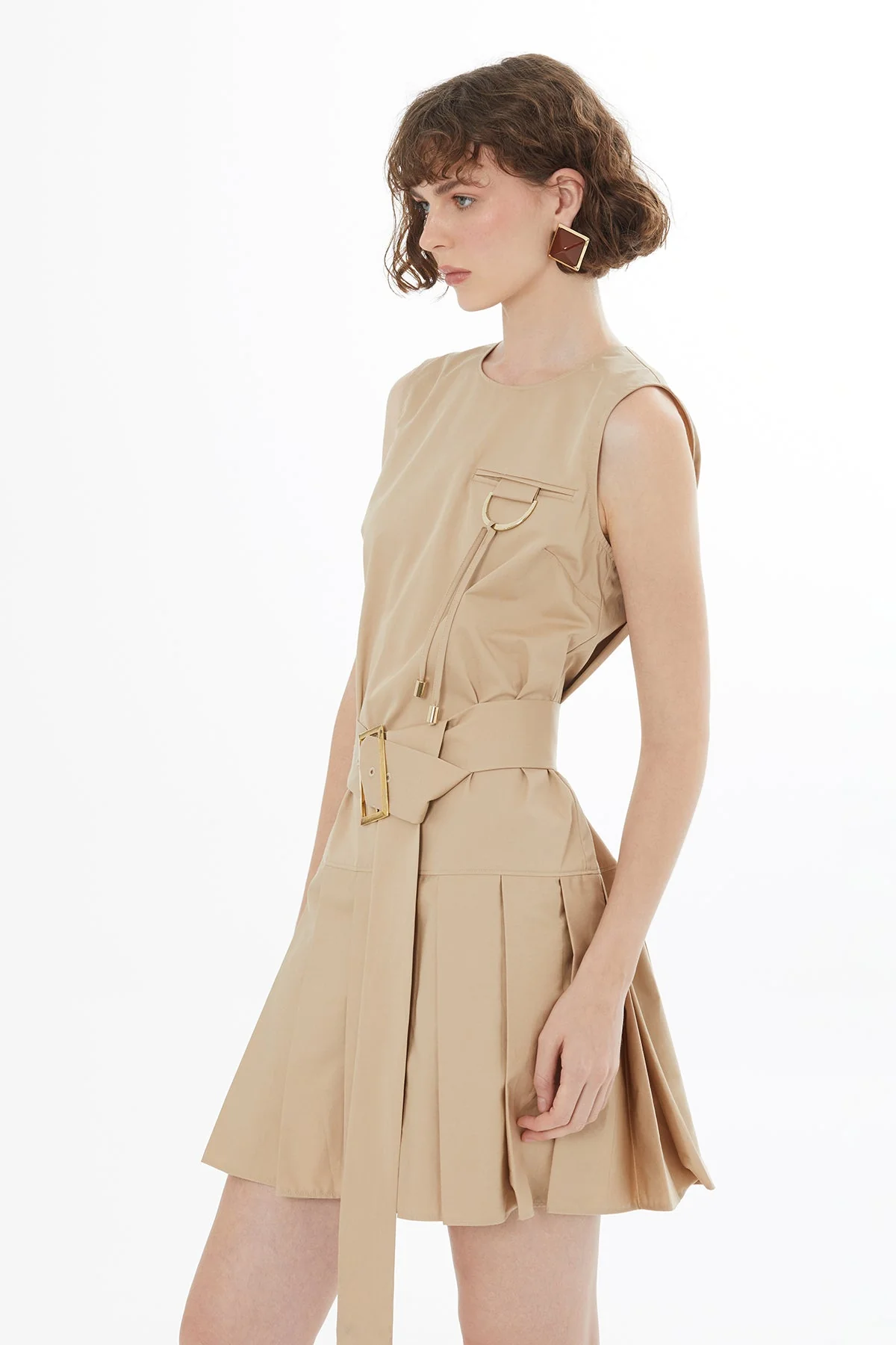 Beige Sleeveless Pleated Dress - Image 2