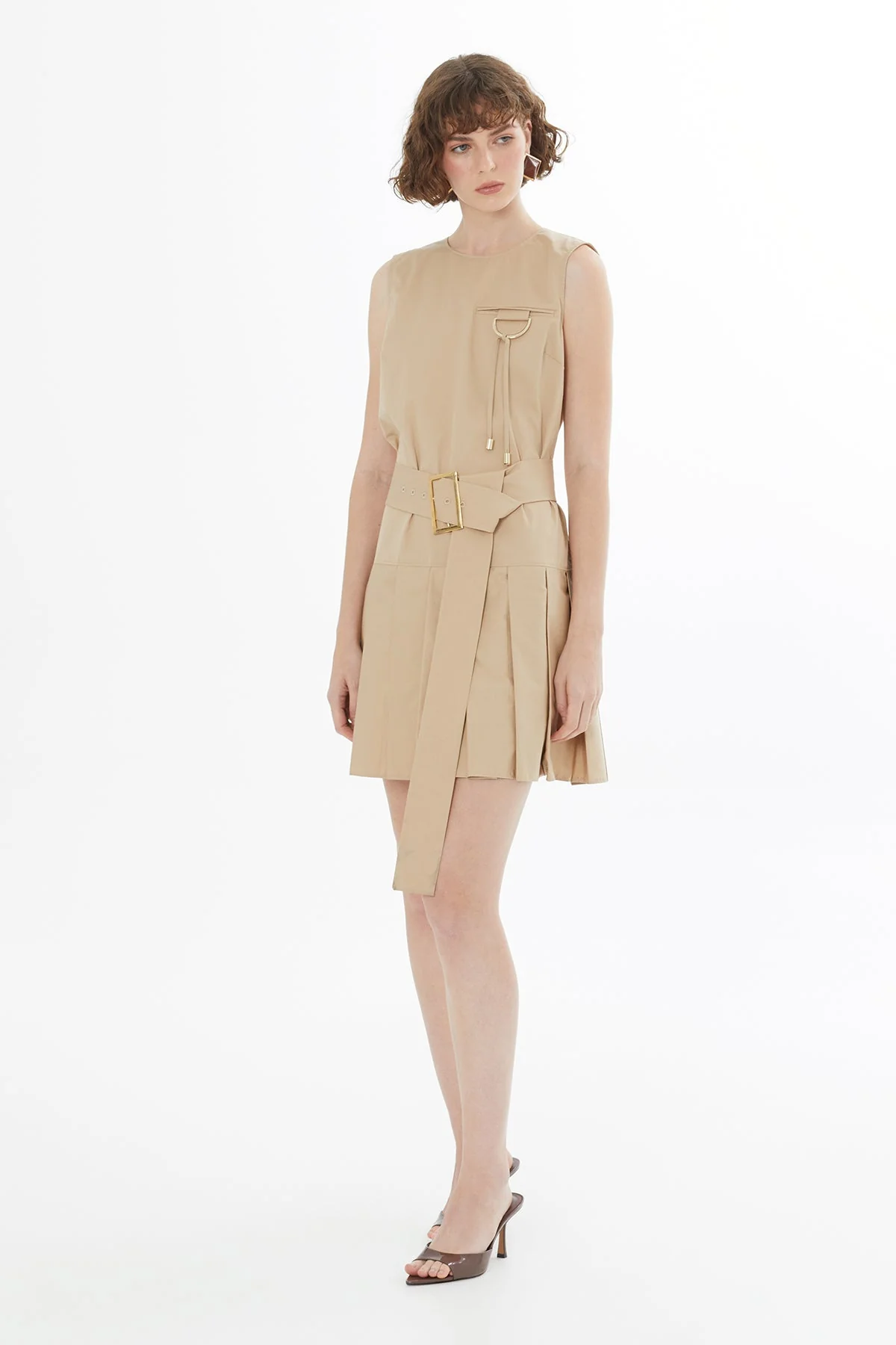 Beige Sleeveless Pleated Dress - Image 4