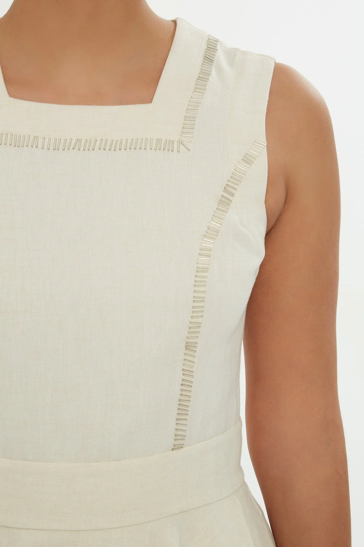 Beige Square-Neck Embroidered Mini Dress - Image 2