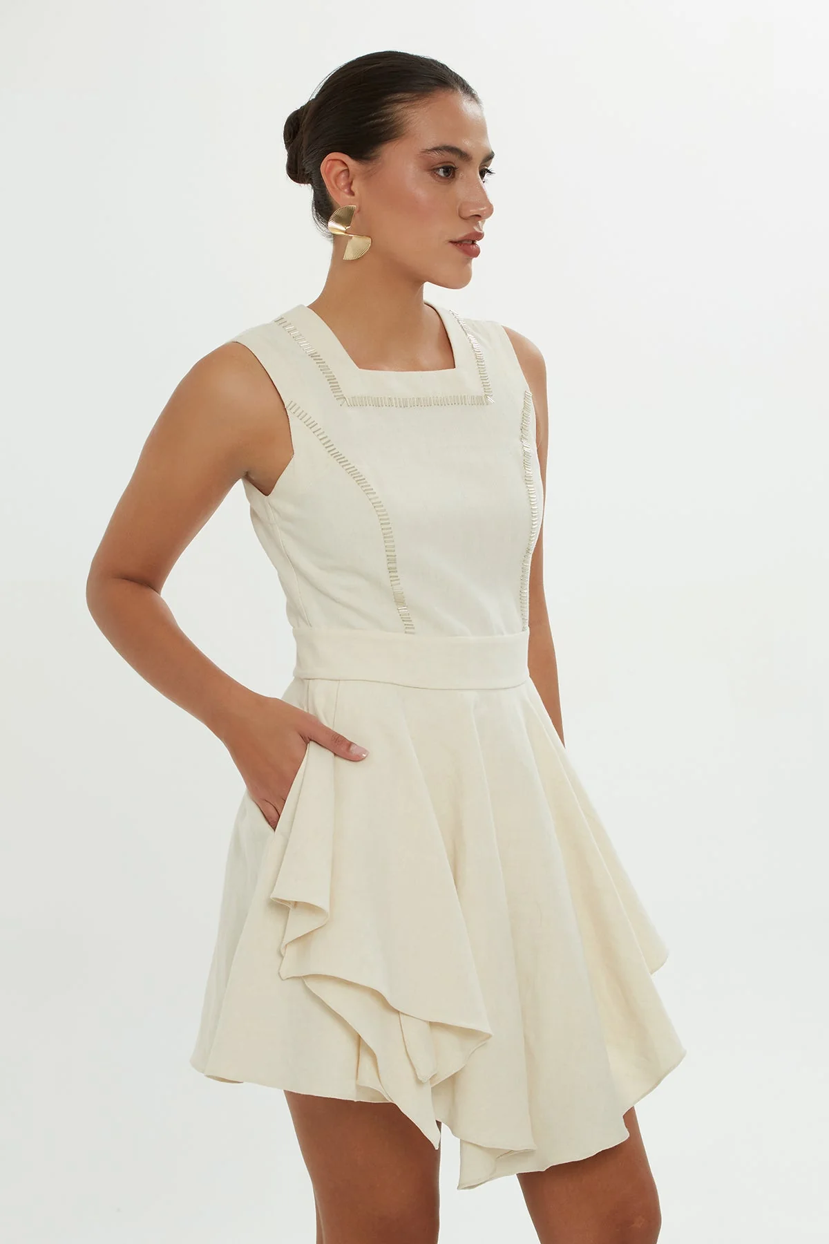 Beige Square-Neck Embroidered Mini Dress - Image 3