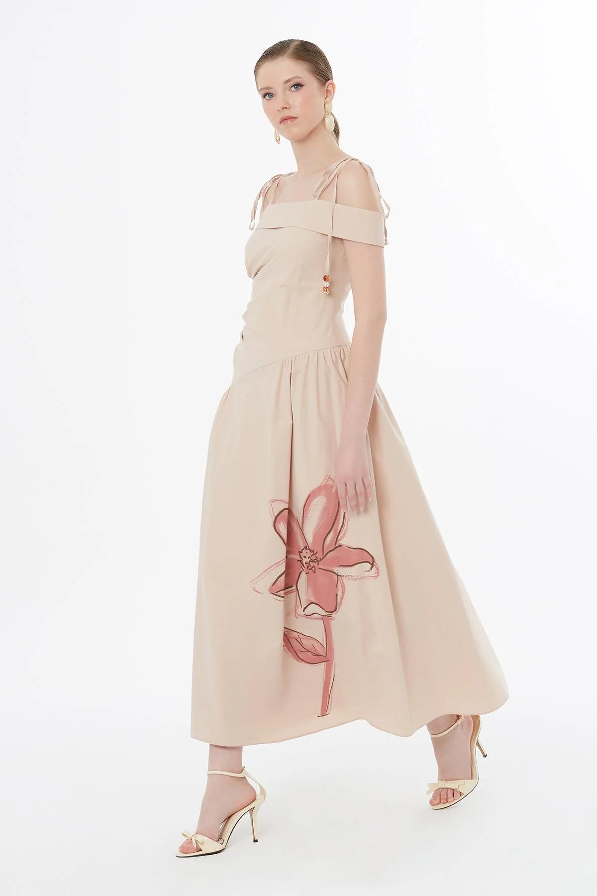 Beige Strappy Floral Print Midi Dress