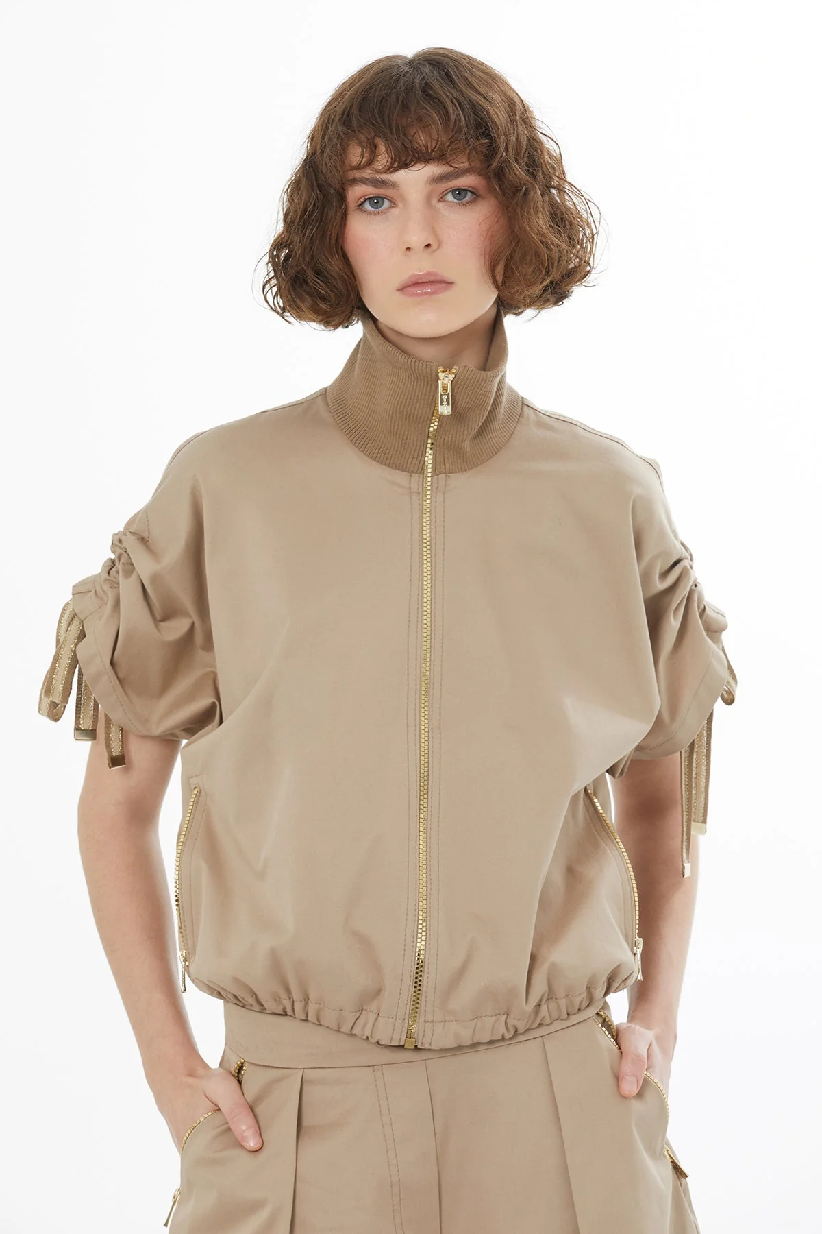 Beige Striped Knit Trim Ruched Blazer - Image 3