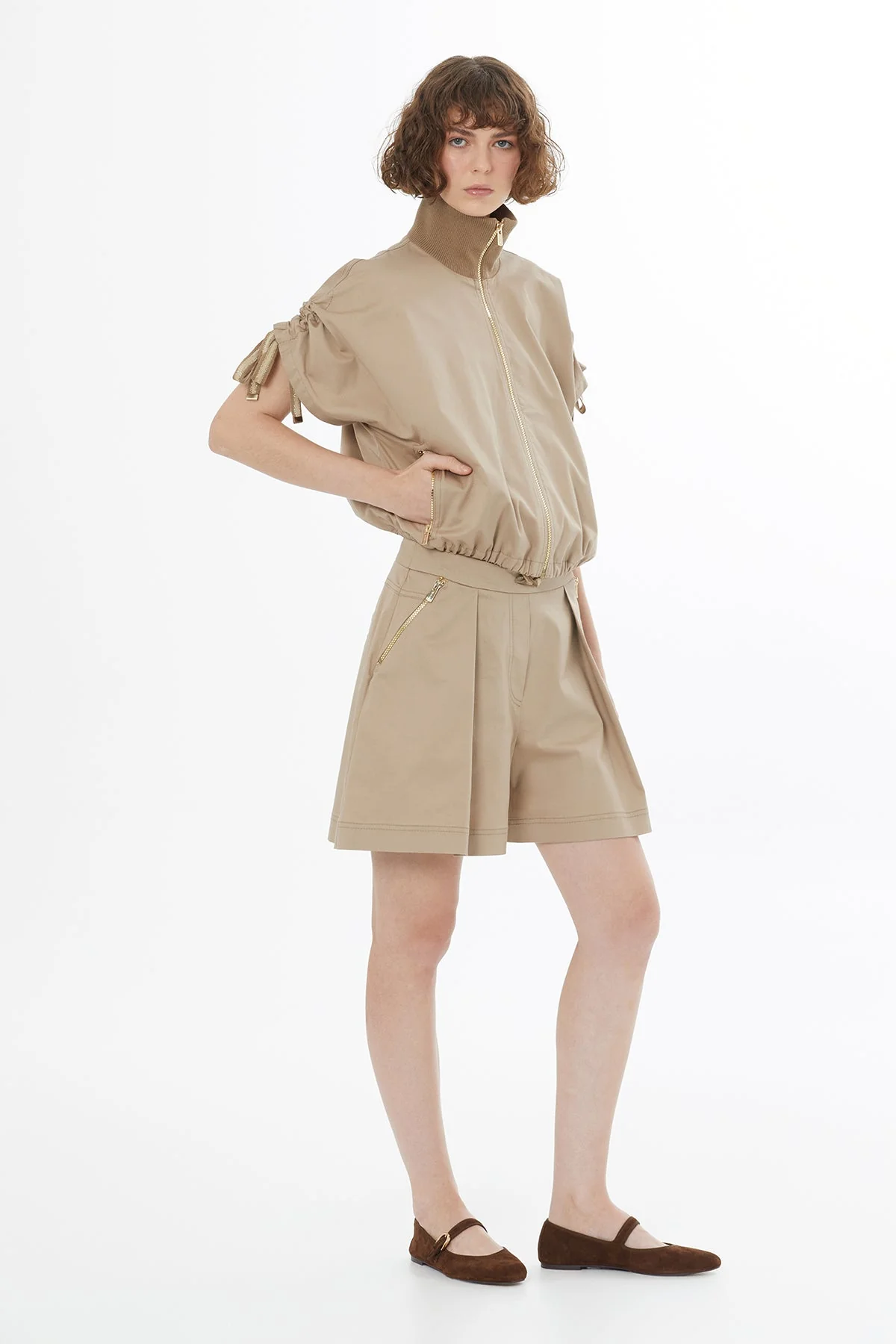 Beige Striped Knit Trim Ruched Blazer - Image 4