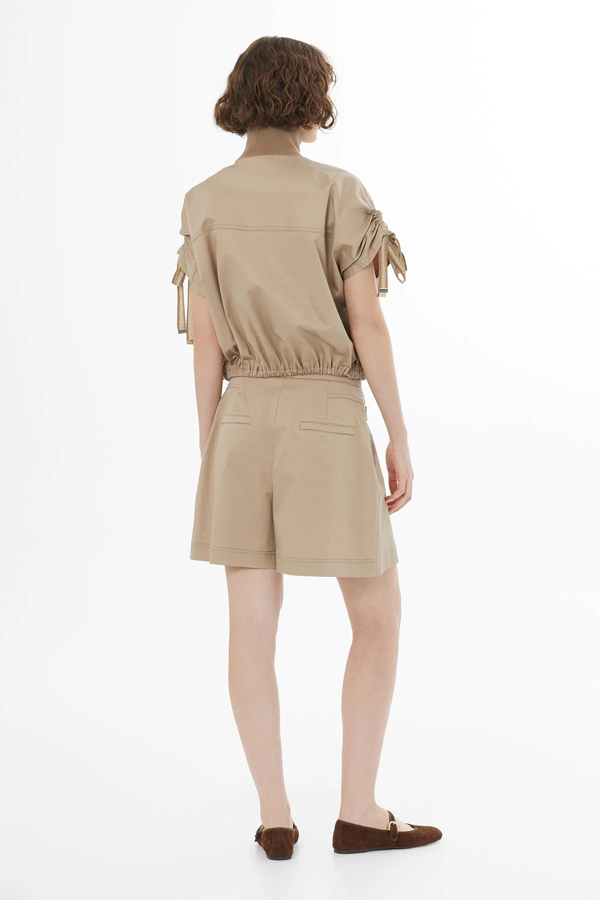 Beige Striped Knit Trim Ruched Blazer - Image 5