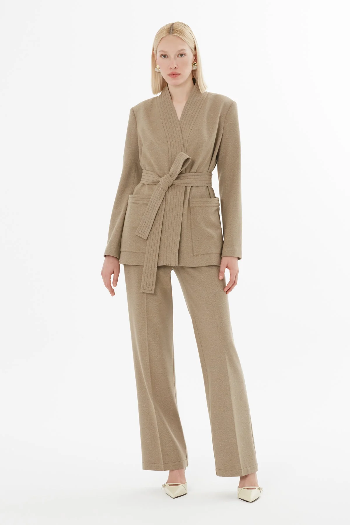 Beige Suit with Belted Pocket Jacket