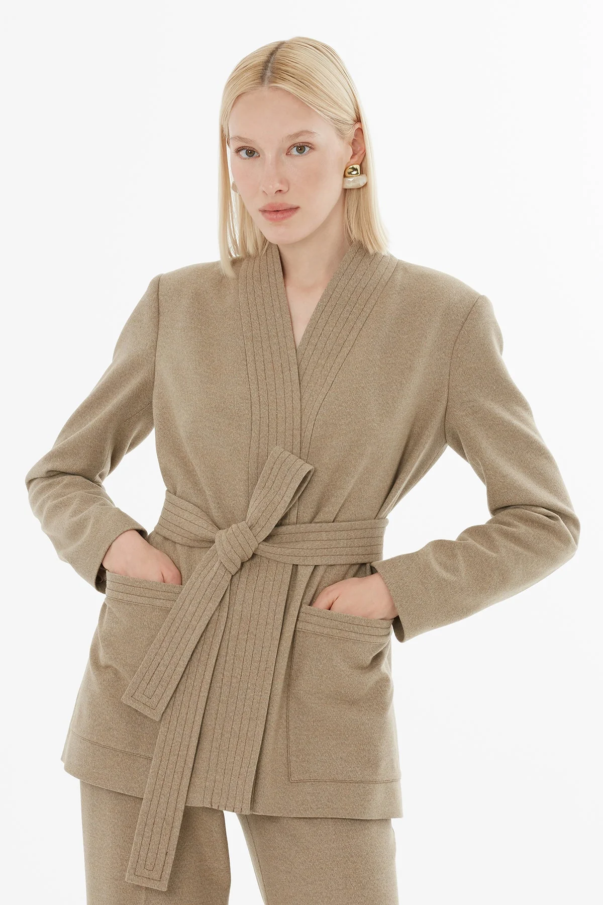 Beige Suit with Belted Pocket Jacket - Image 3