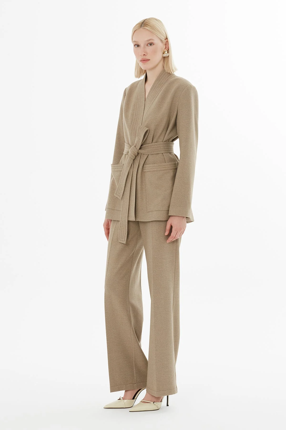 Beige Suit with Belted Pocket Jacket - Image 4