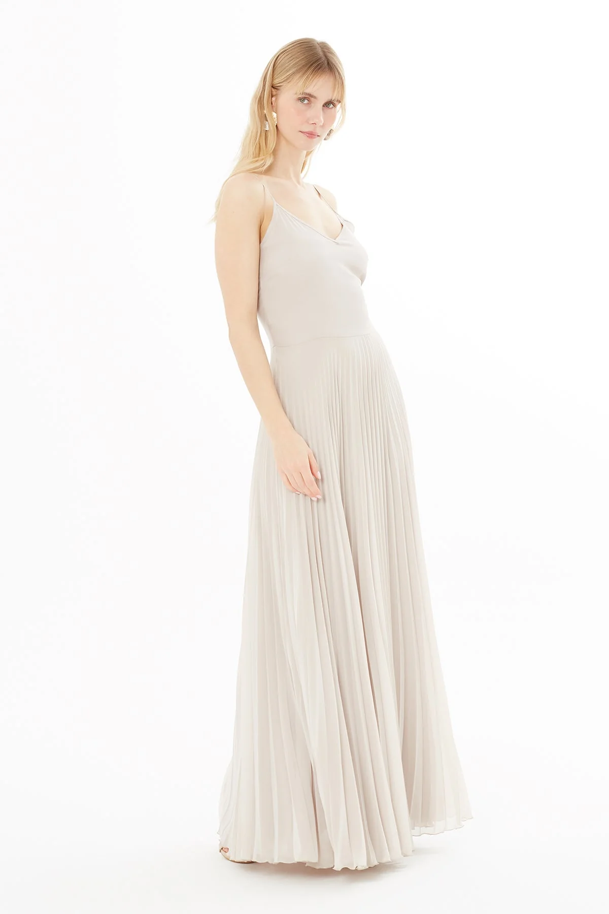 Beige Thin-Strap Pleated Maxi Dress - Image 3