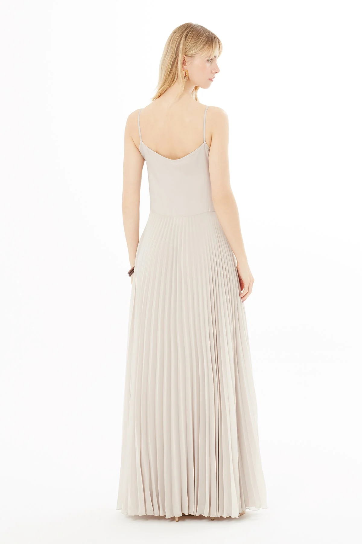 Beige Thin-Strap Pleated Maxi Dress - Image 4