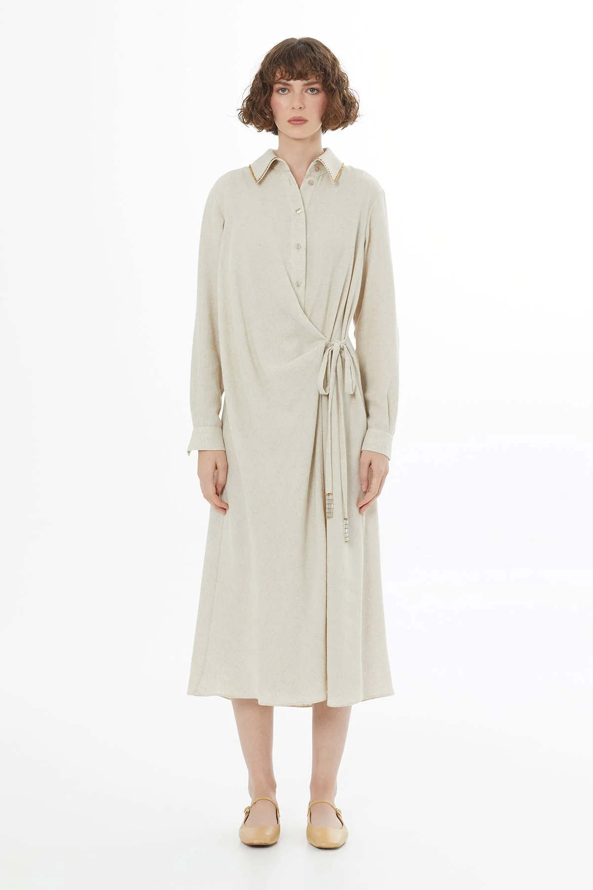 Beige Tie Detail Linen Midi Dress