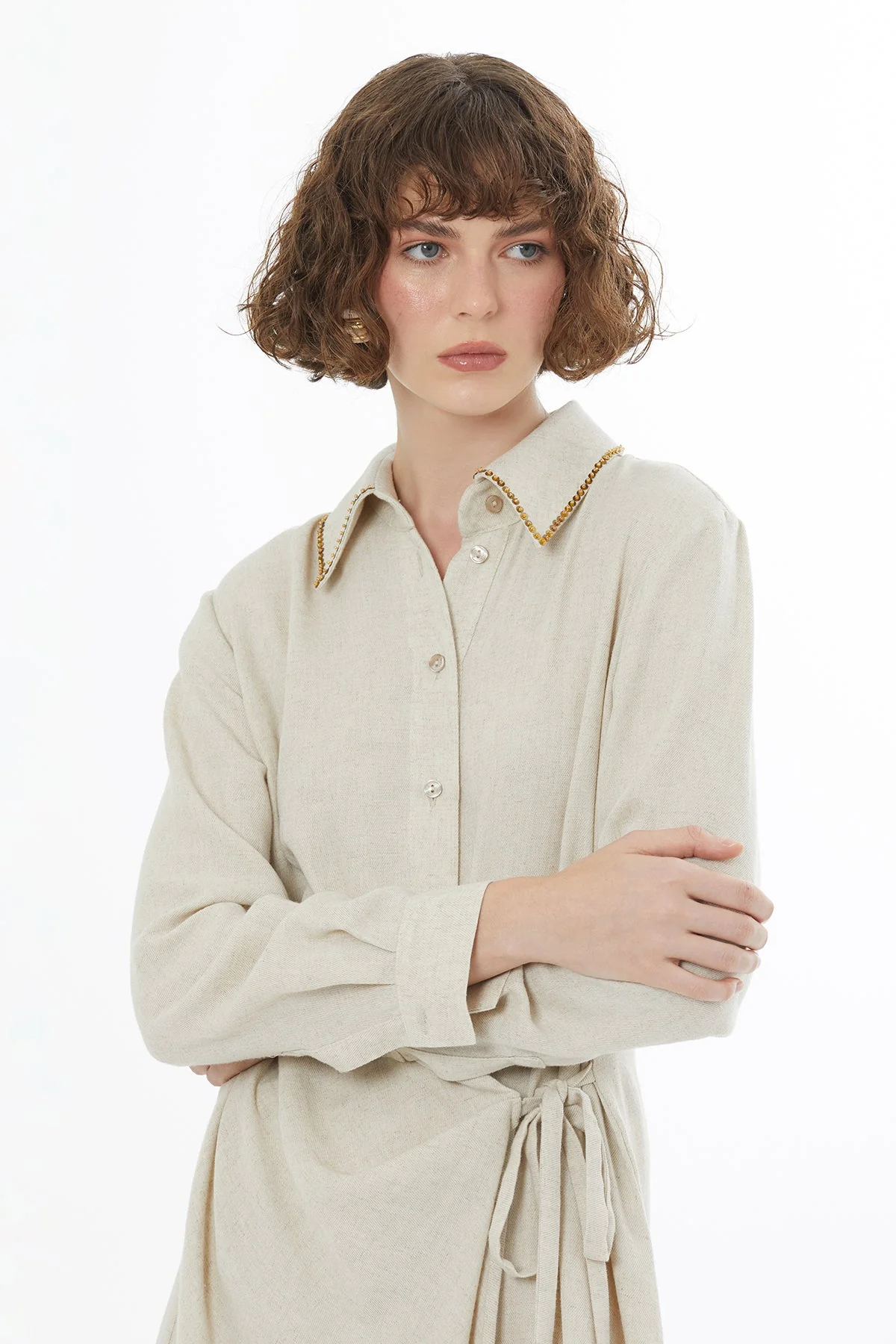Beige Tie Detail Linen Midi Dress - Image 2