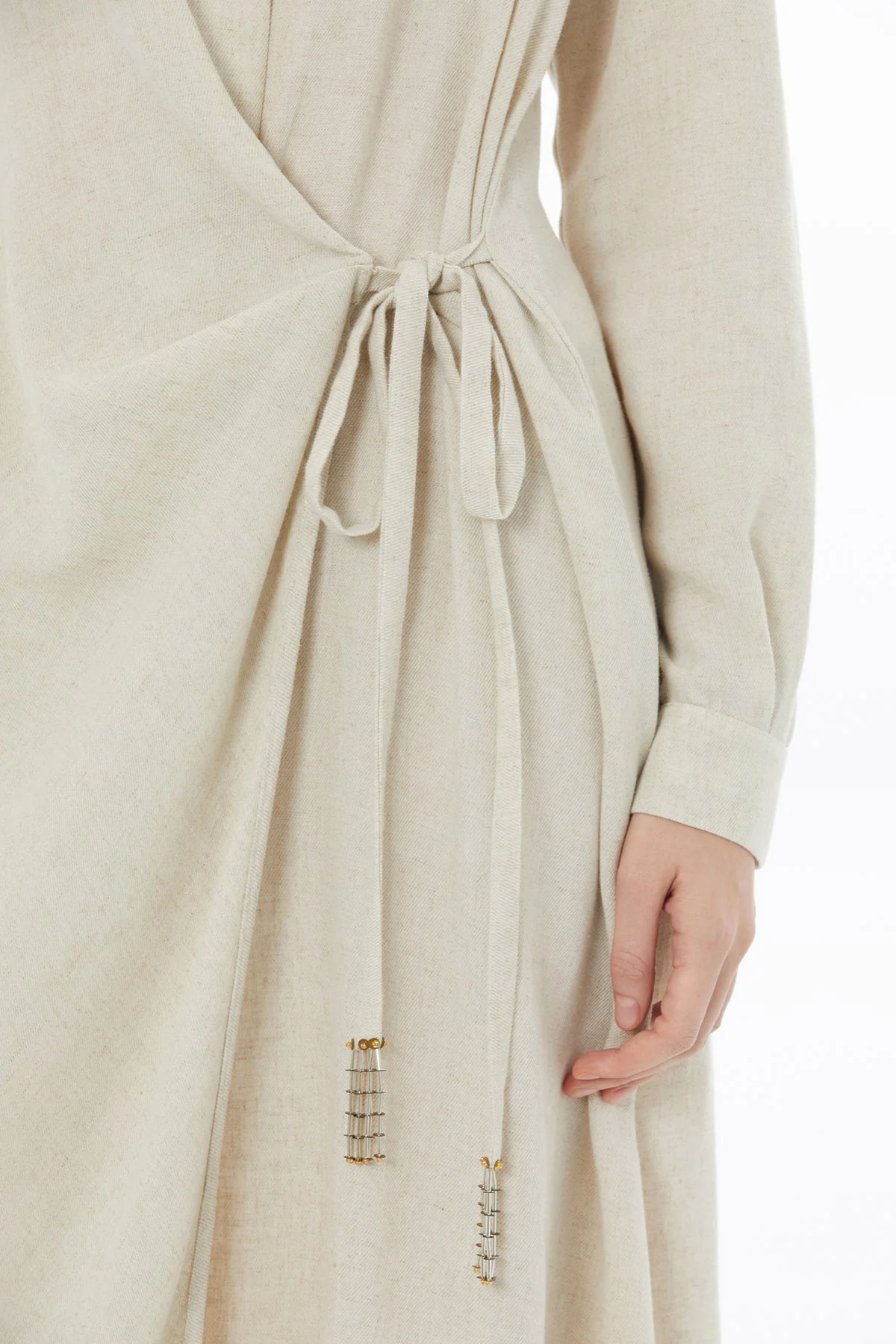 Beige Tie Detail Linen Midi Dress - Image 3