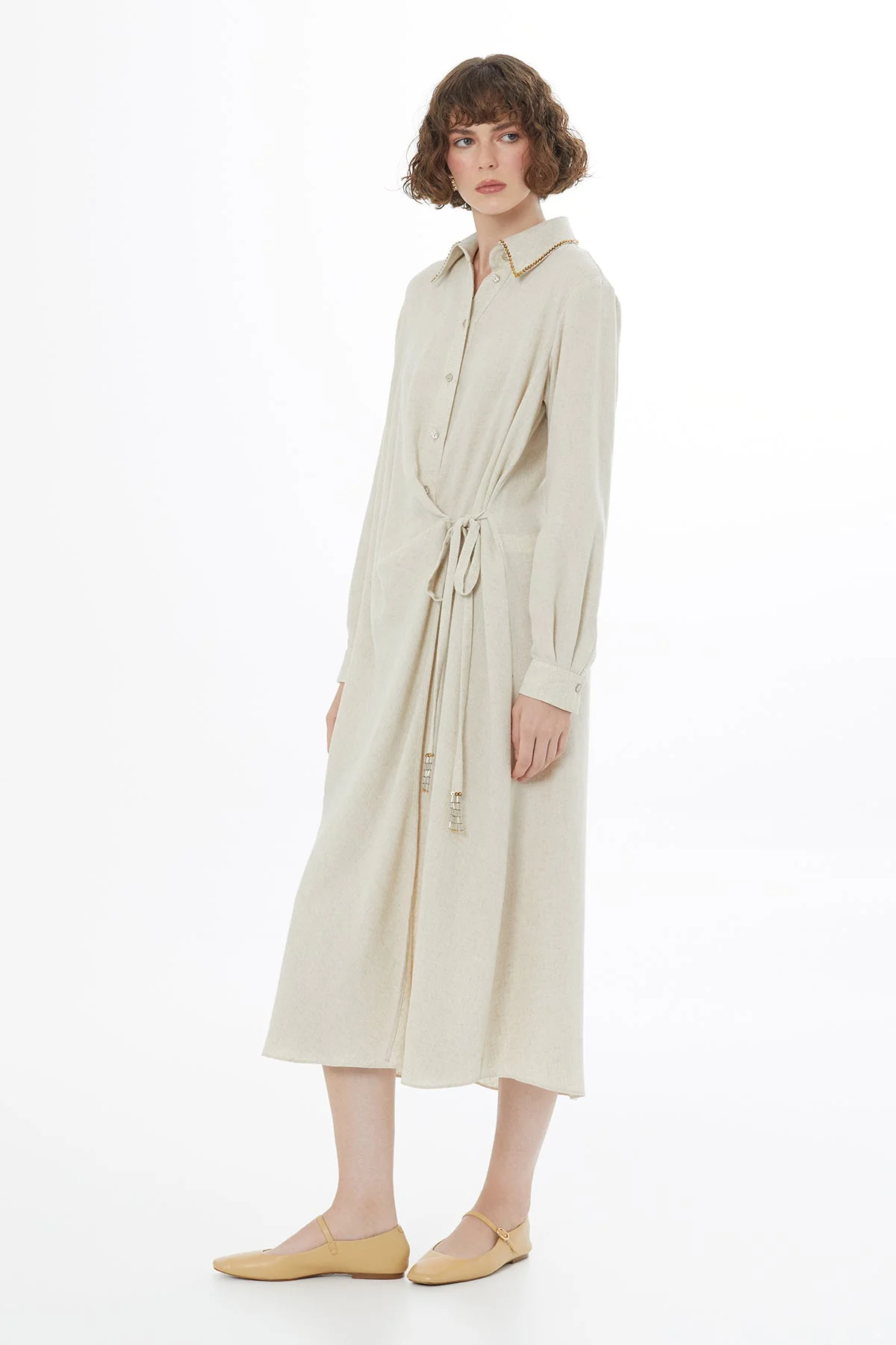 Beige Tie Detail Linen Midi Dress - Image 4