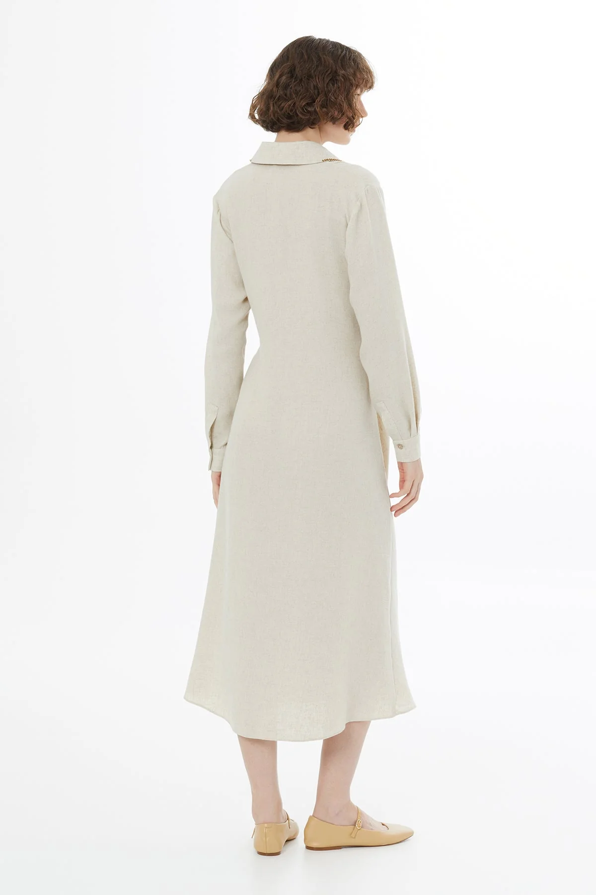 Beige Tie Detail Linen Midi Dress - Image 5