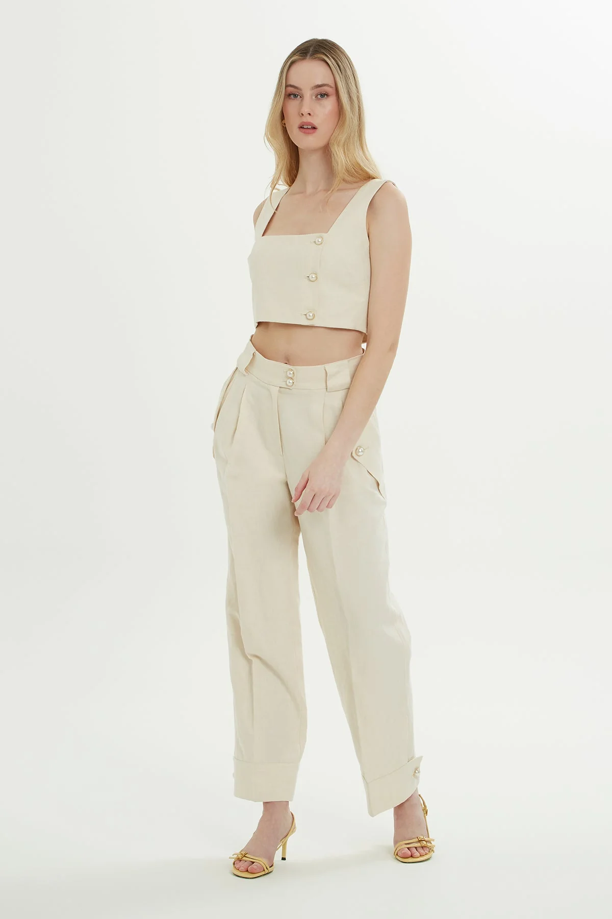 Beige Trousers with Gold Button Detail - Image 4