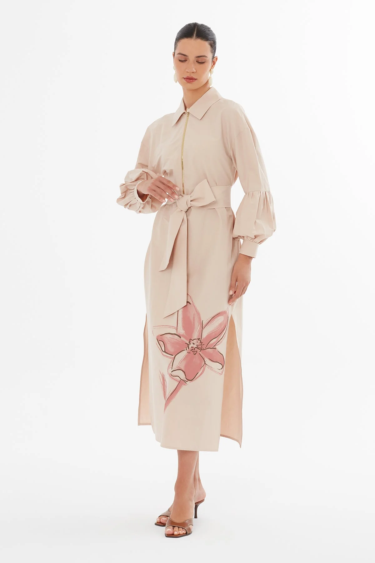 Beige Voluminous Sleeve Woven Dress - Image 3