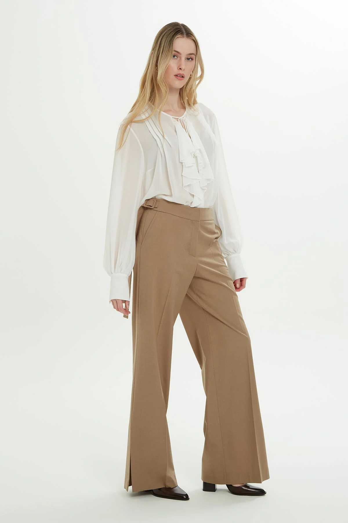 Beige Wide-Leg Trousers with Belt - Image 4
