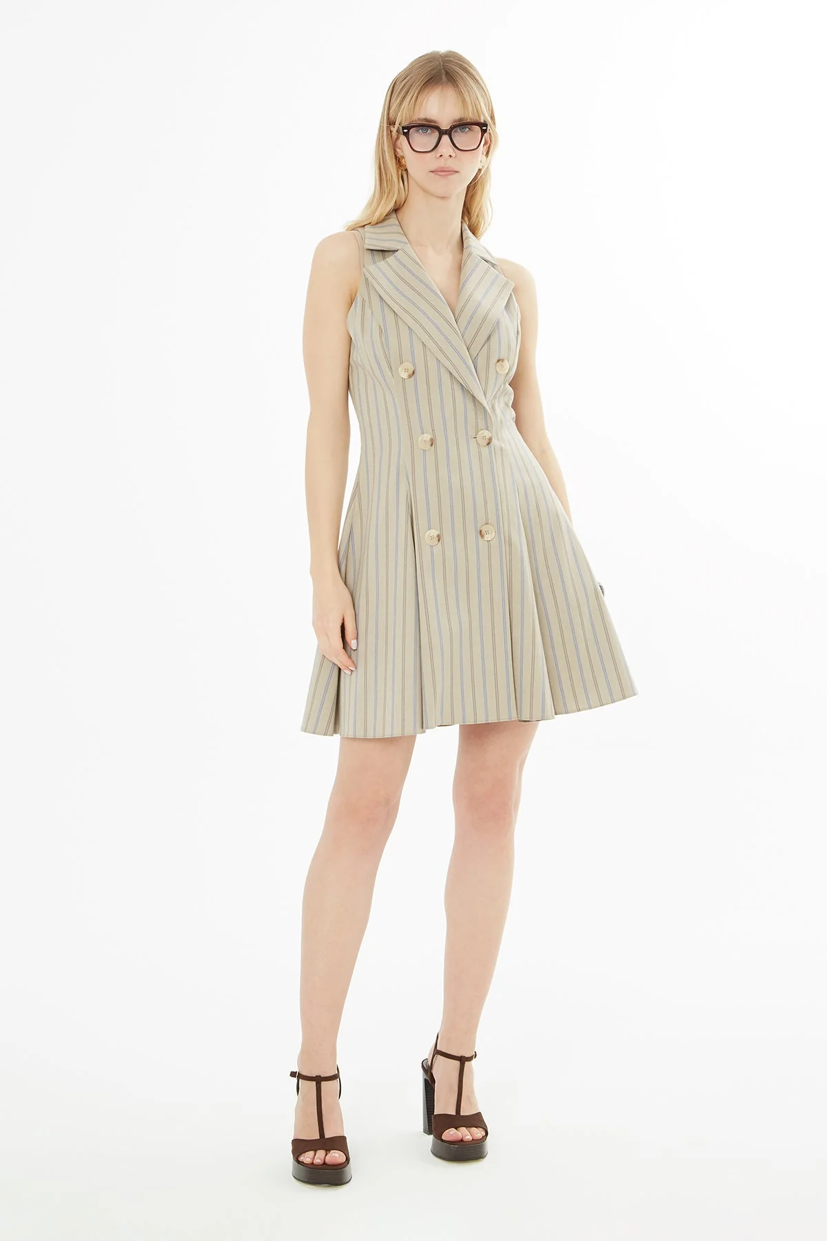Beige Wide-Neck Short Dress