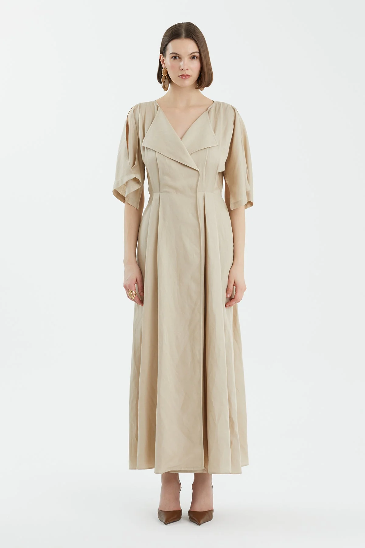 Beige Wrap Pleated Dress