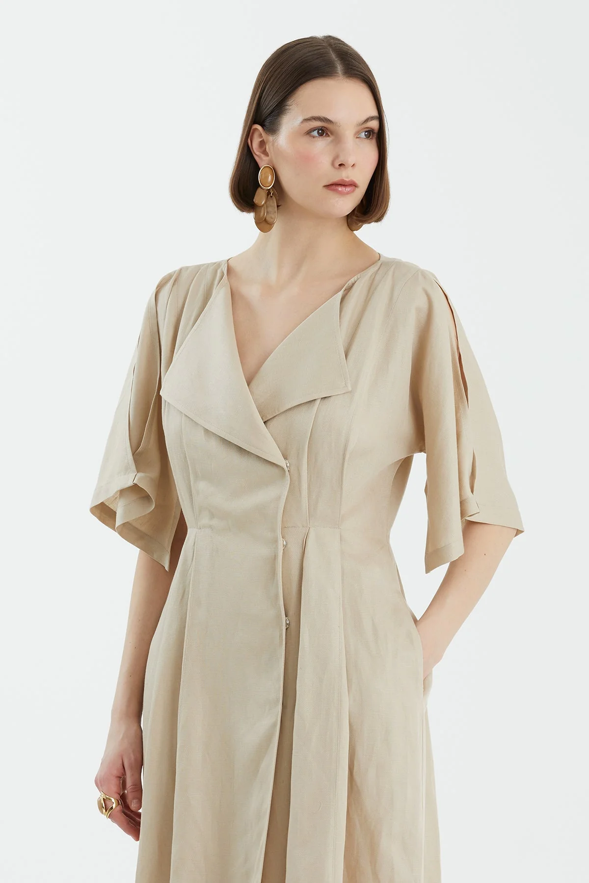 Beige Wrap Pleated Dress - Image 2