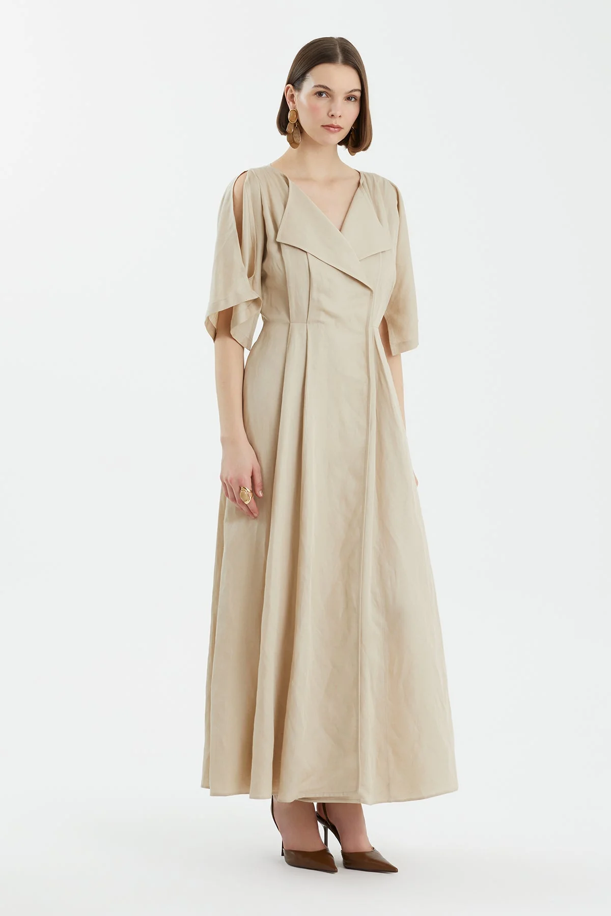 Beige Wrap Pleated Dress - Image 3