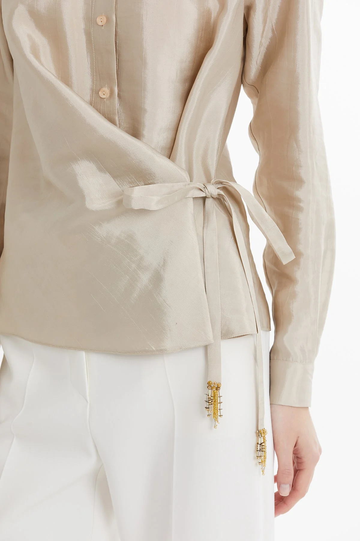 Beige Wrap Tie Shirt - Image 3