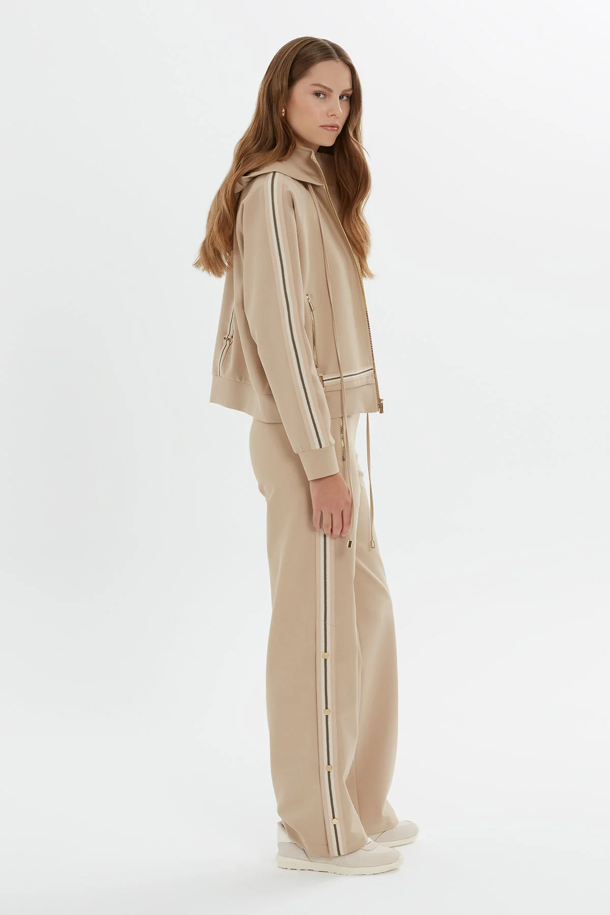 Beige Zip-Up Hooded Sweatshirt - Image 2