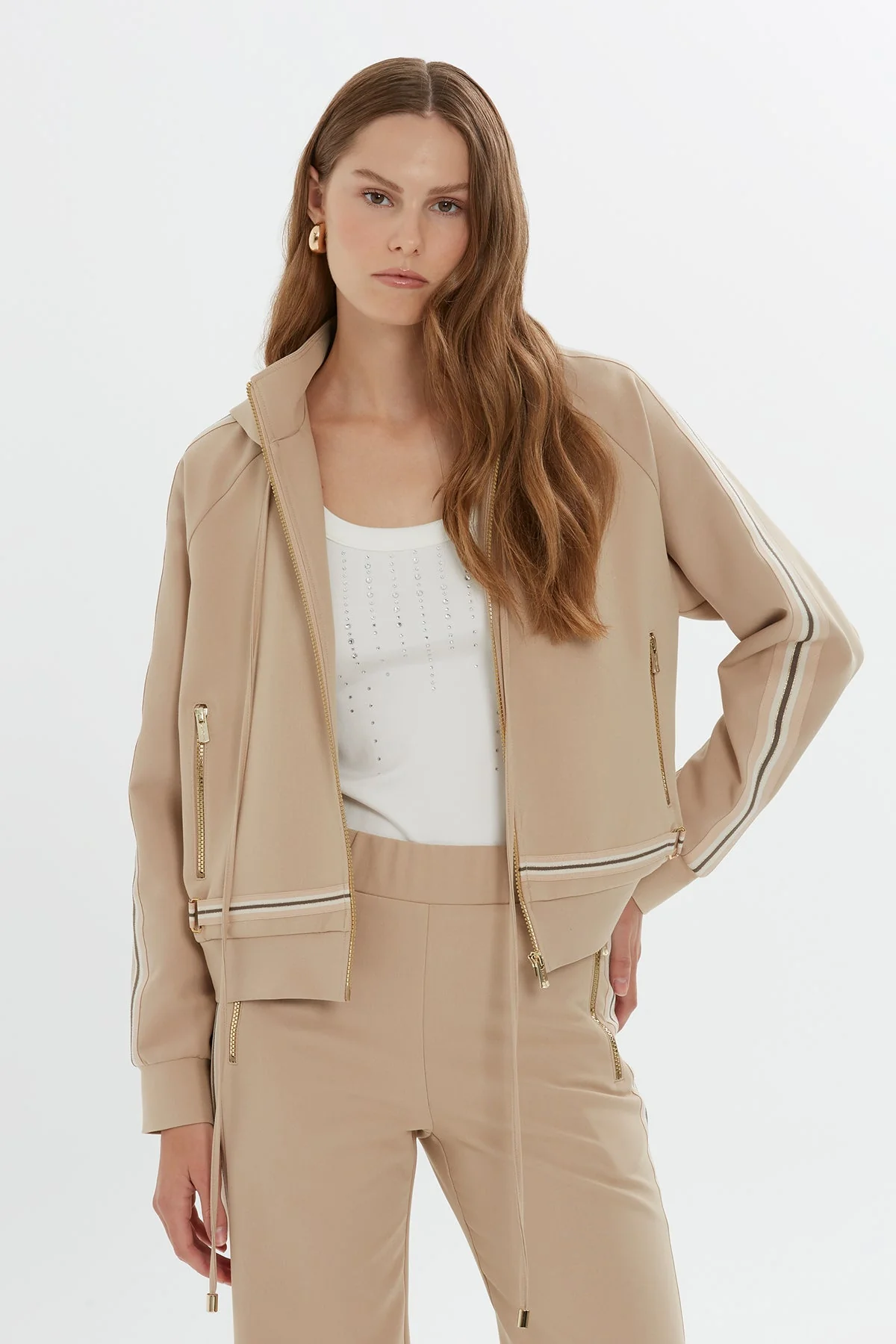 Beige Zip-Up Hooded Sweatshirt - Image 3