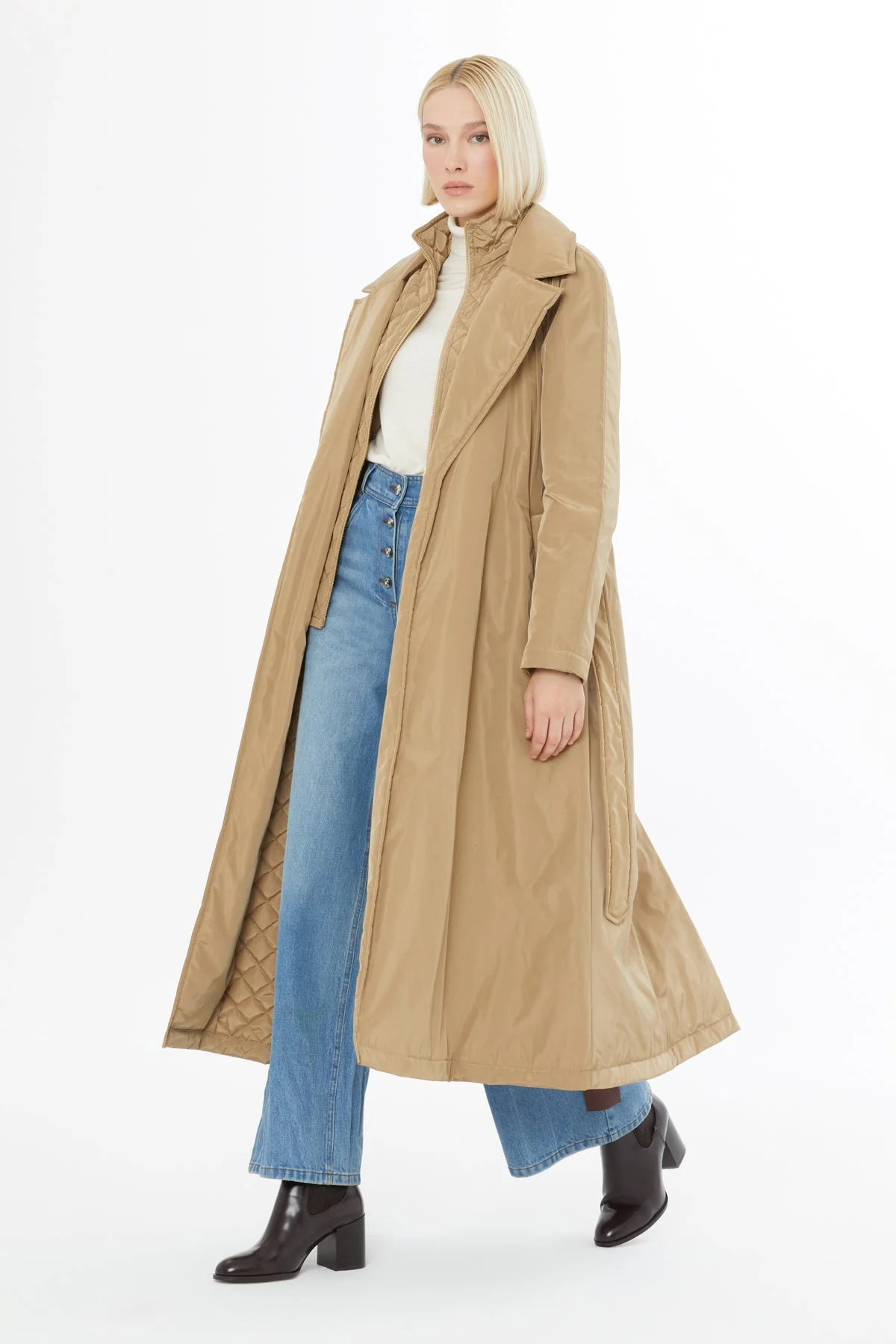 Belted Long Beige Trench Coat - Image 3