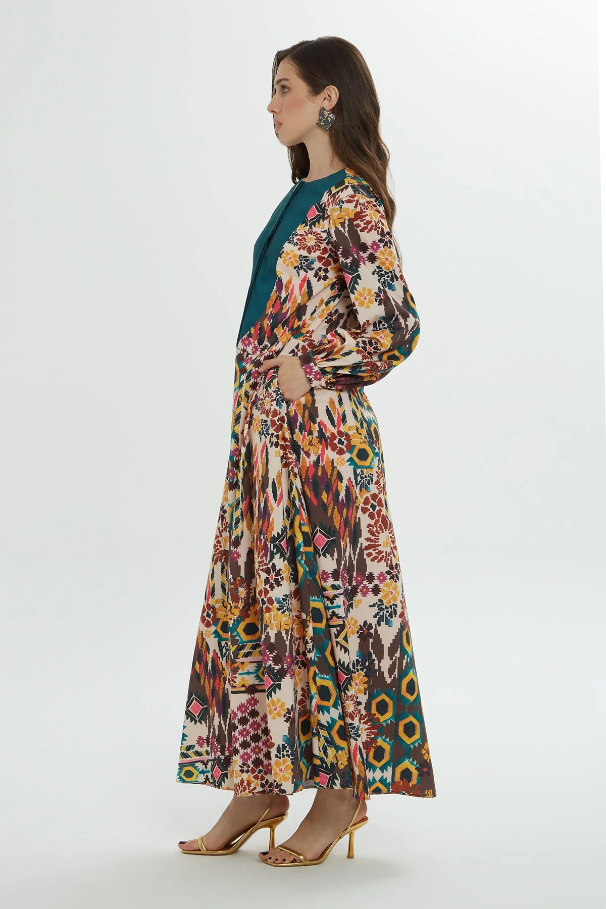 Belted Patterned Long Dress - Image 3