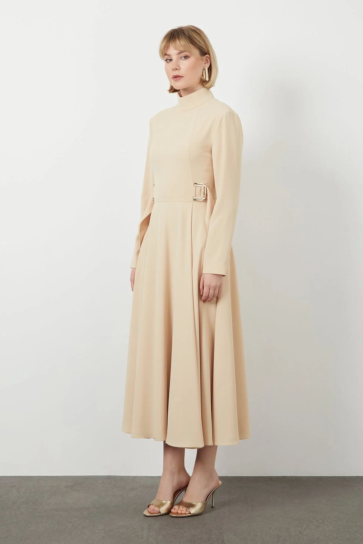 Belted Turtleneck Long Sleeve Midi Dress