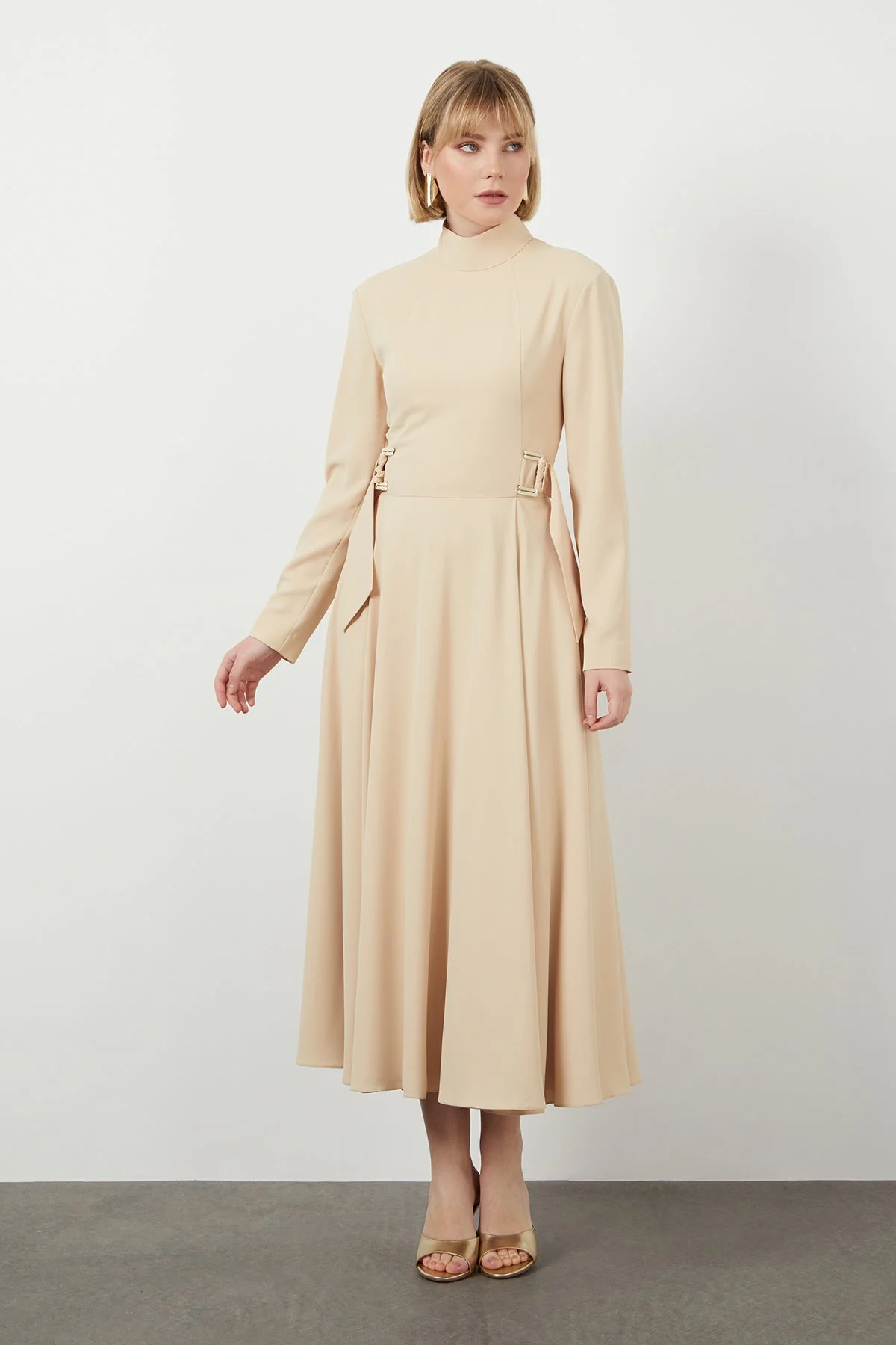 Belted Turtleneck Long Sleeve Midi Dress - Image 2
