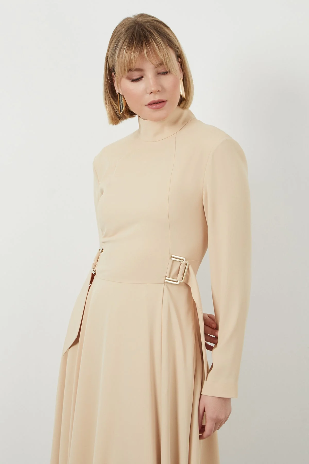 Belted Turtleneck Long Sleeve Midi Dress - Image 3
