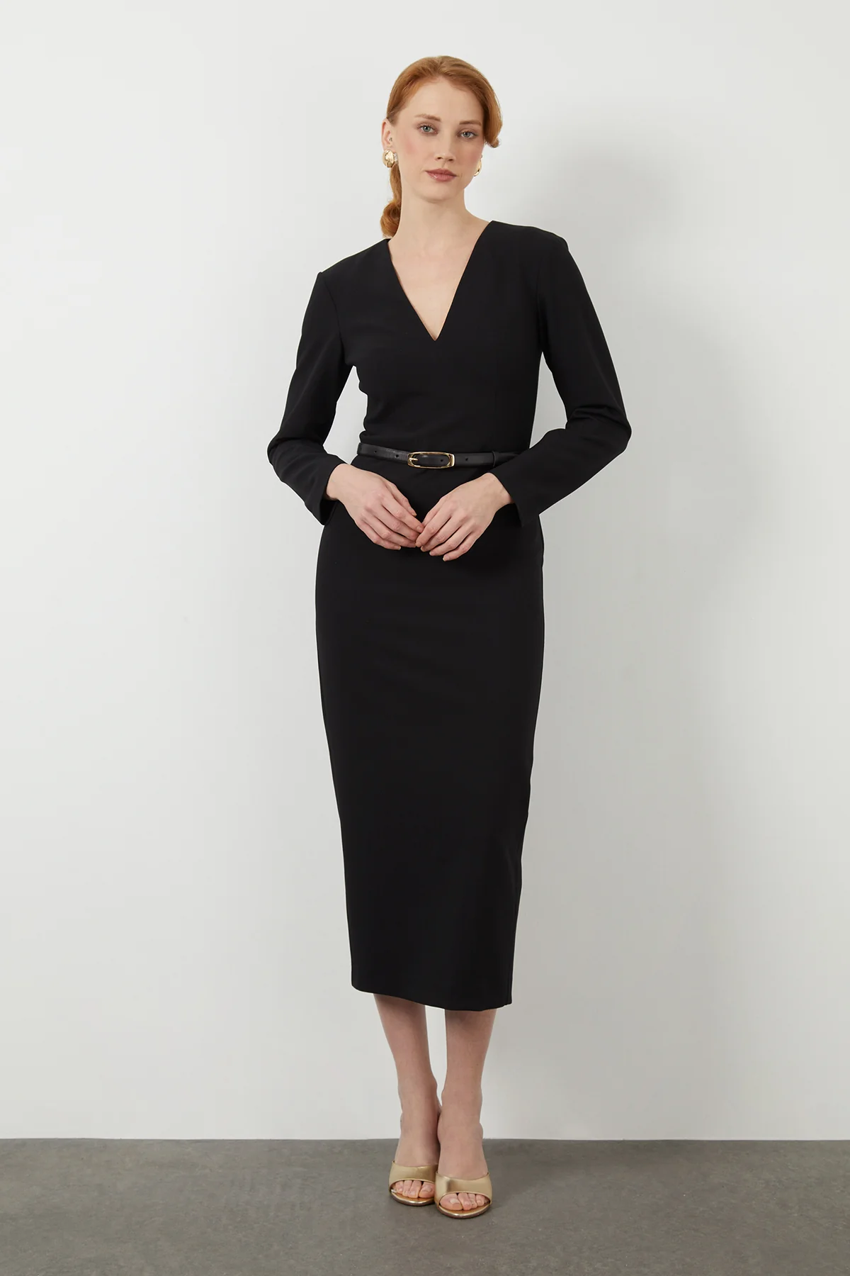 Belted V-Neck Midi Pencil Dress