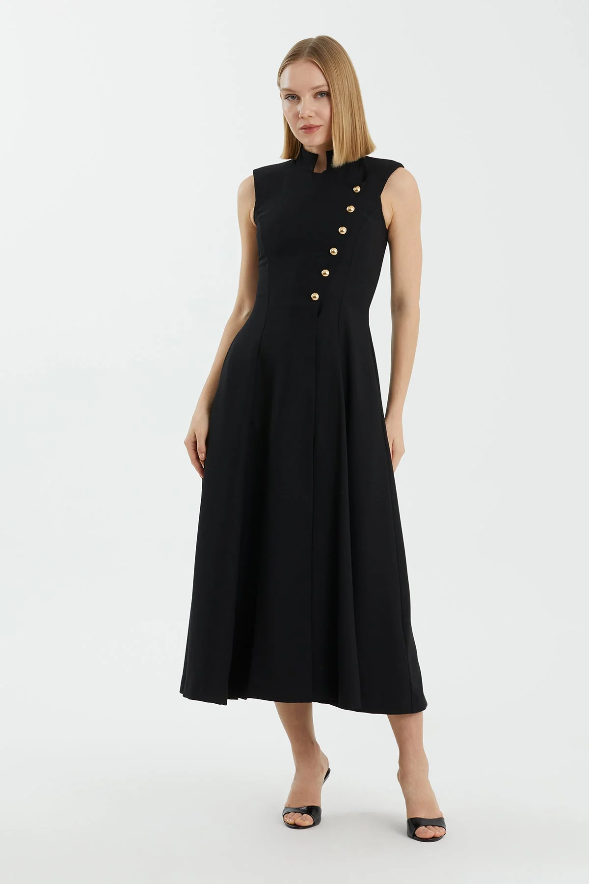 Black Asymmetric Buttoned Pleated Midi Dress
