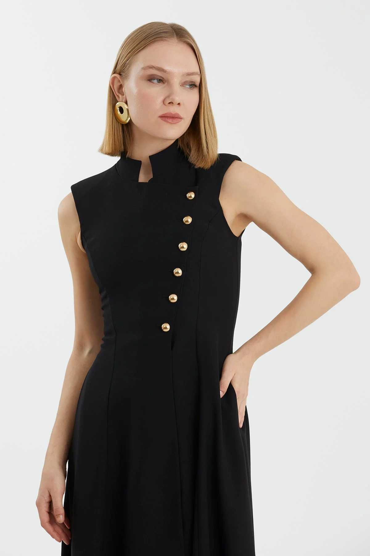 Black Asymmetric Buttoned Pleated Midi Dress - Image 2